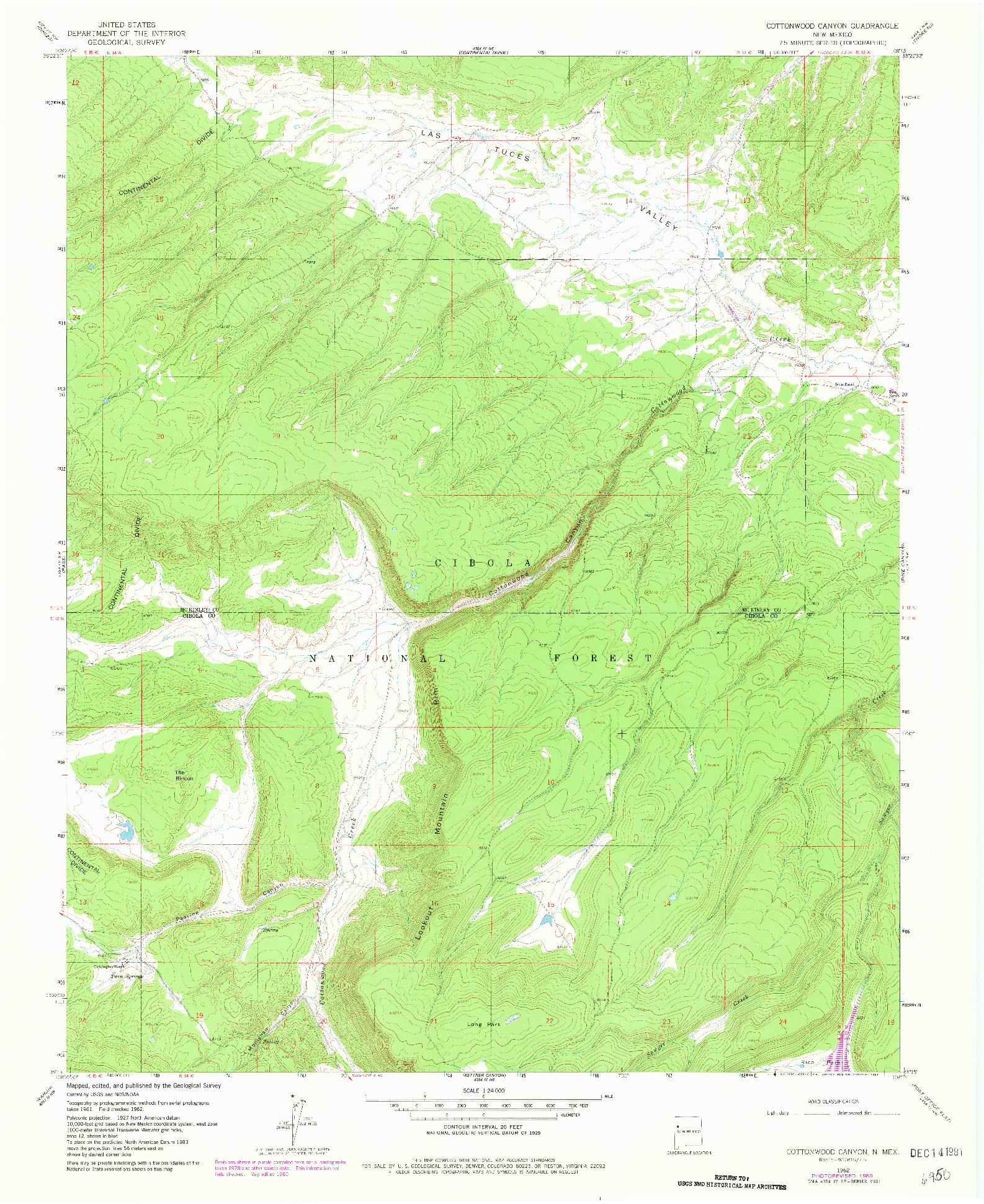 USGS 1:24000-SCALE QUADRANGLE FOR COTTONWOOD CANYON, NM 1961