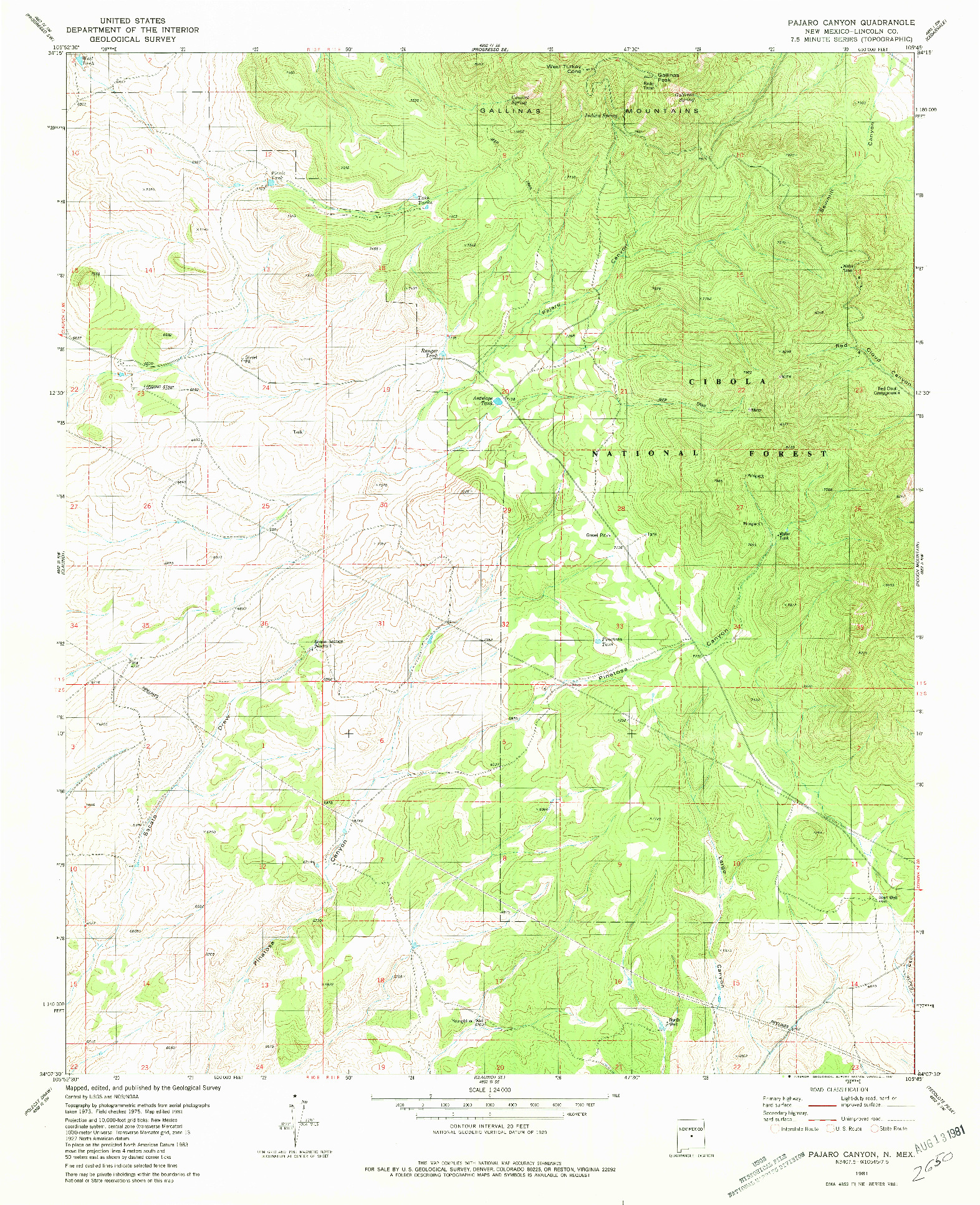 USGS 1:24000-SCALE QUADRANGLE FOR PAJARO CANYON, NM 1981