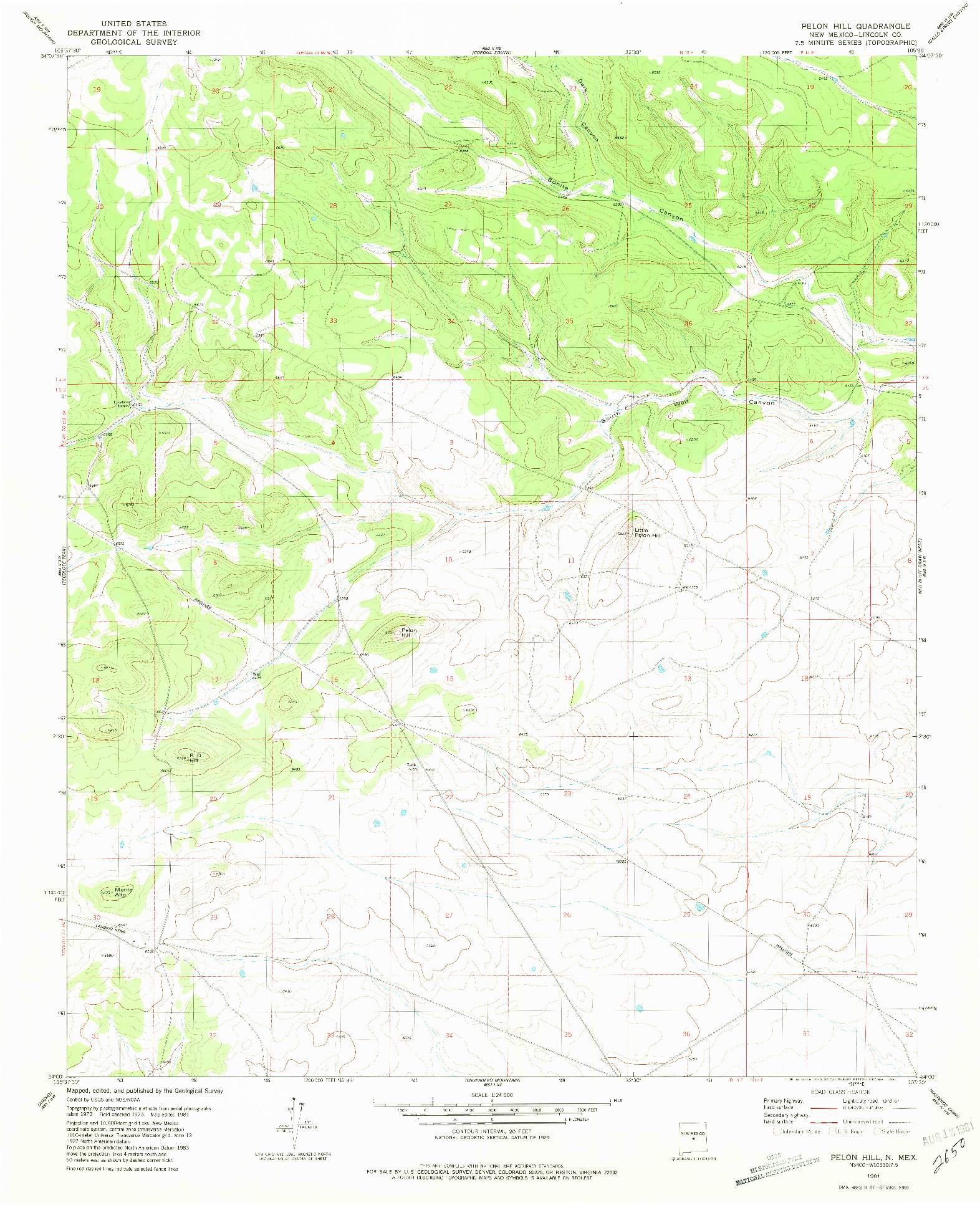 USGS 1:24000-SCALE QUADRANGLE FOR PELON HILL, NM 1981