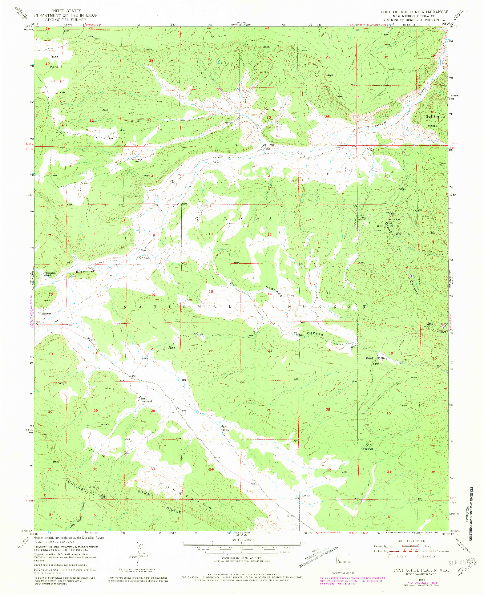 USGS 1:24000-SCALE QUADRANGLE FOR POST OFFICE FLAT, NM 1952