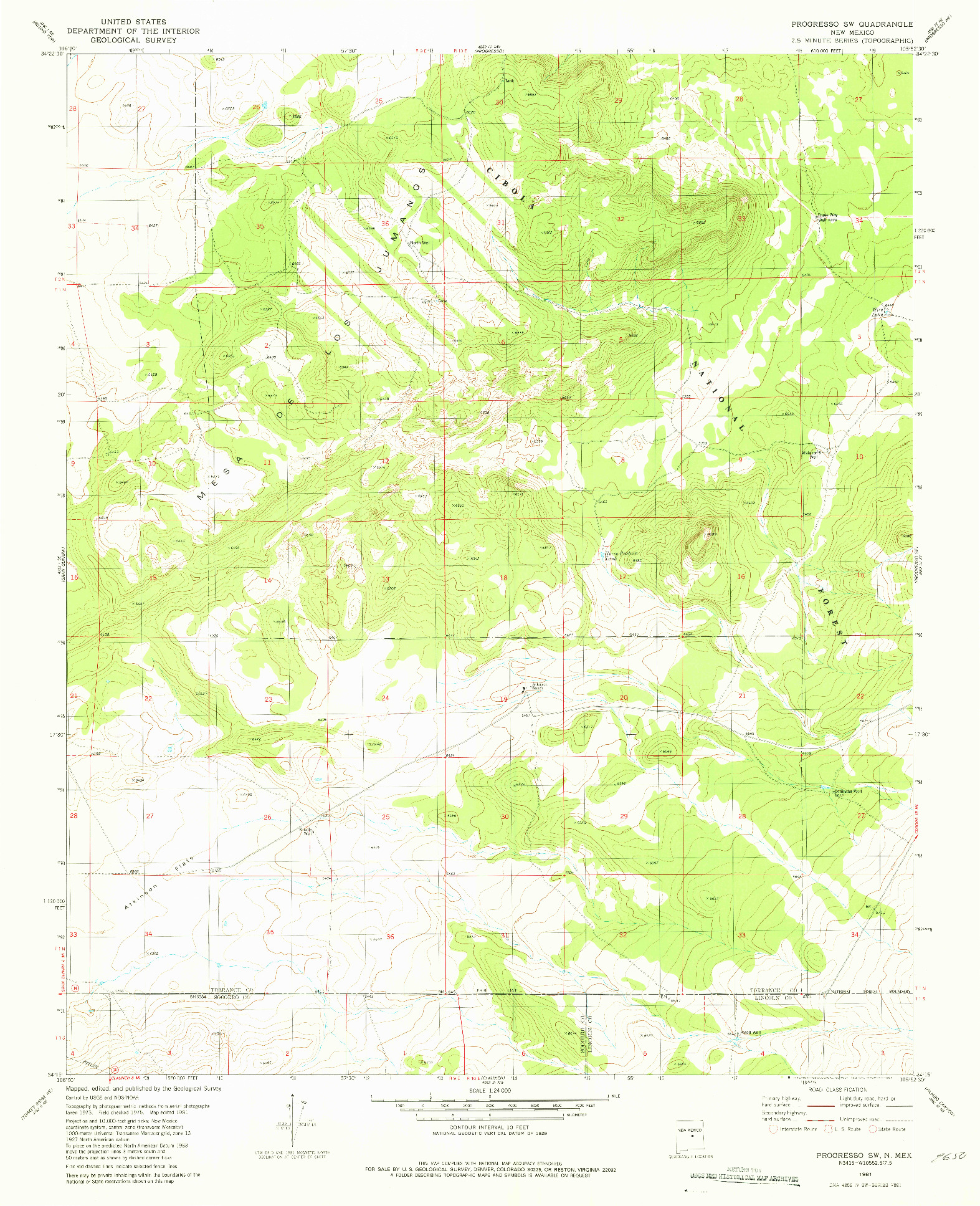 USGS 1:24000-SCALE QUADRANGLE FOR PROGRESSO SW, NM 1981