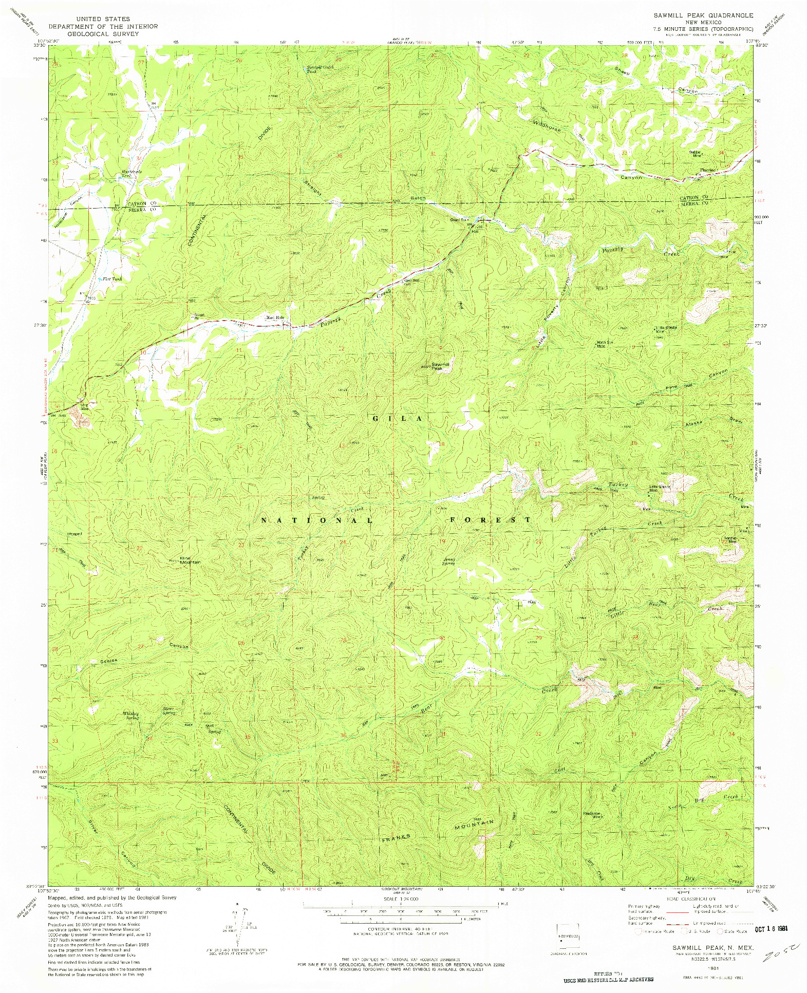 USGS 1:24000-SCALE QUADRANGLE FOR SAWMILL PEAK, NM 1981