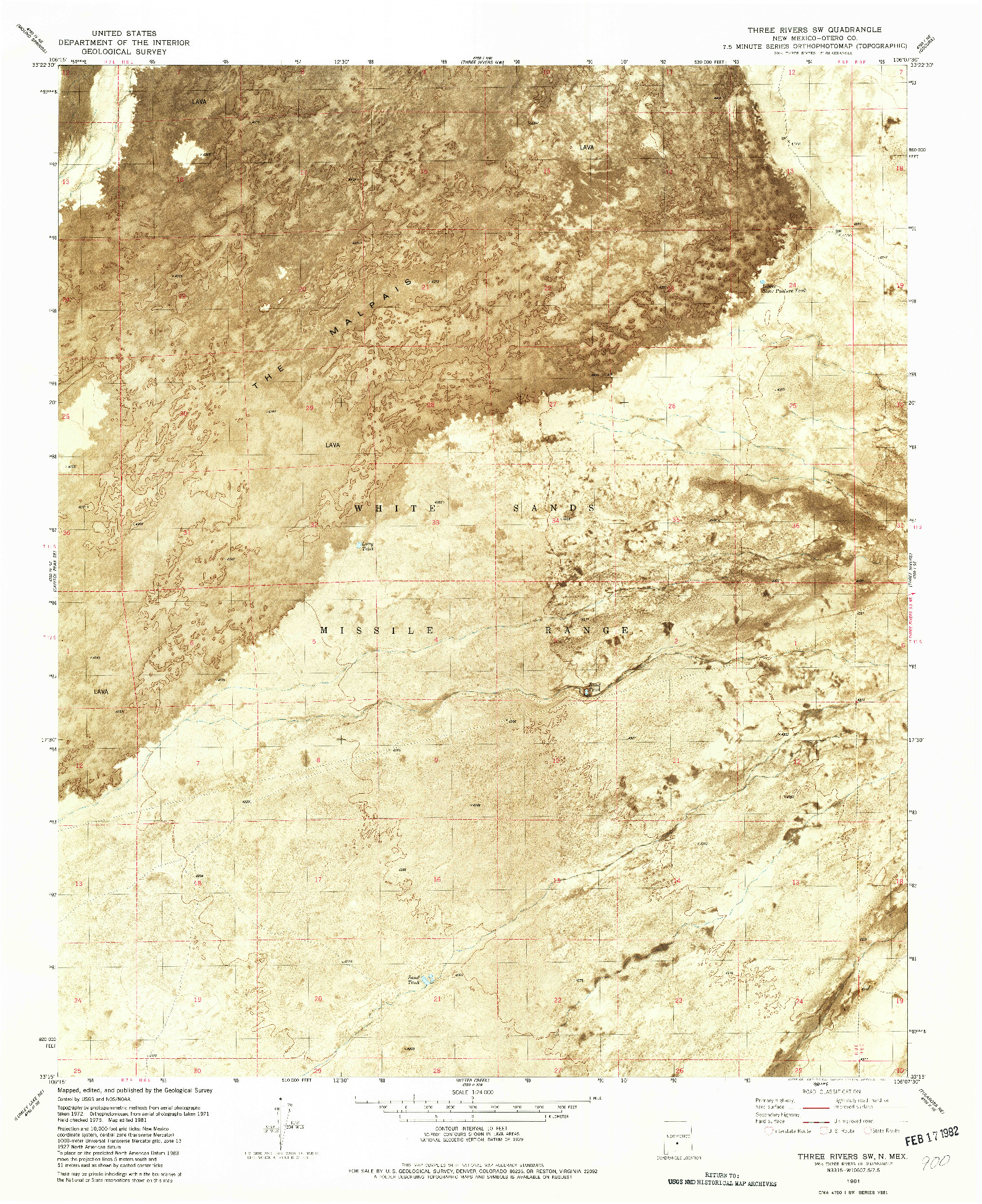 USGS 1:24000-SCALE QUADRANGLE FOR THREE RIVERS SW, NM 1981