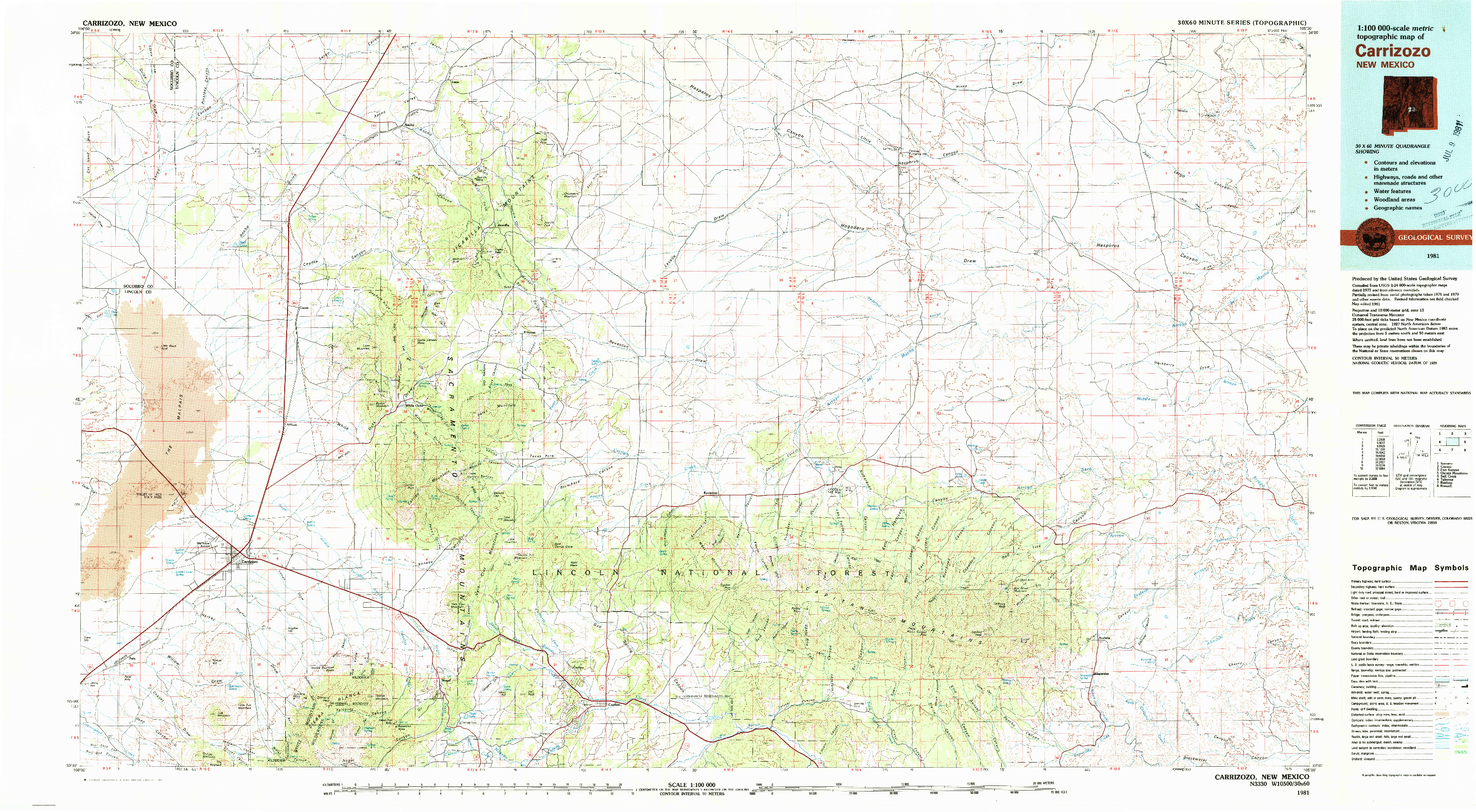USGS 1:100000-SCALE QUADRANGLE FOR CARRIZOZO, NM 1981