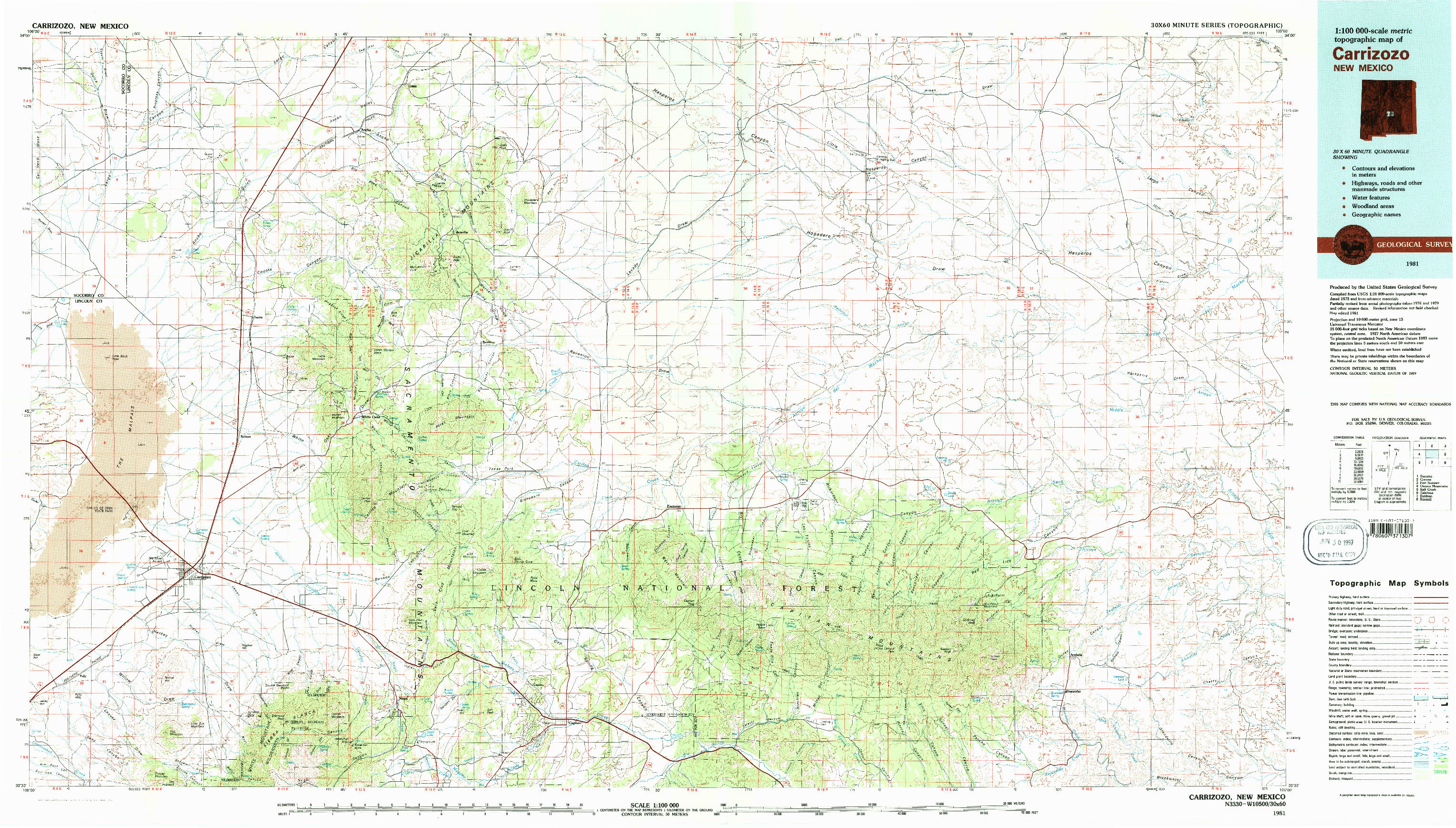USGS 1:100000-SCALE QUADRANGLE FOR CARRIZOZO, NM 1981