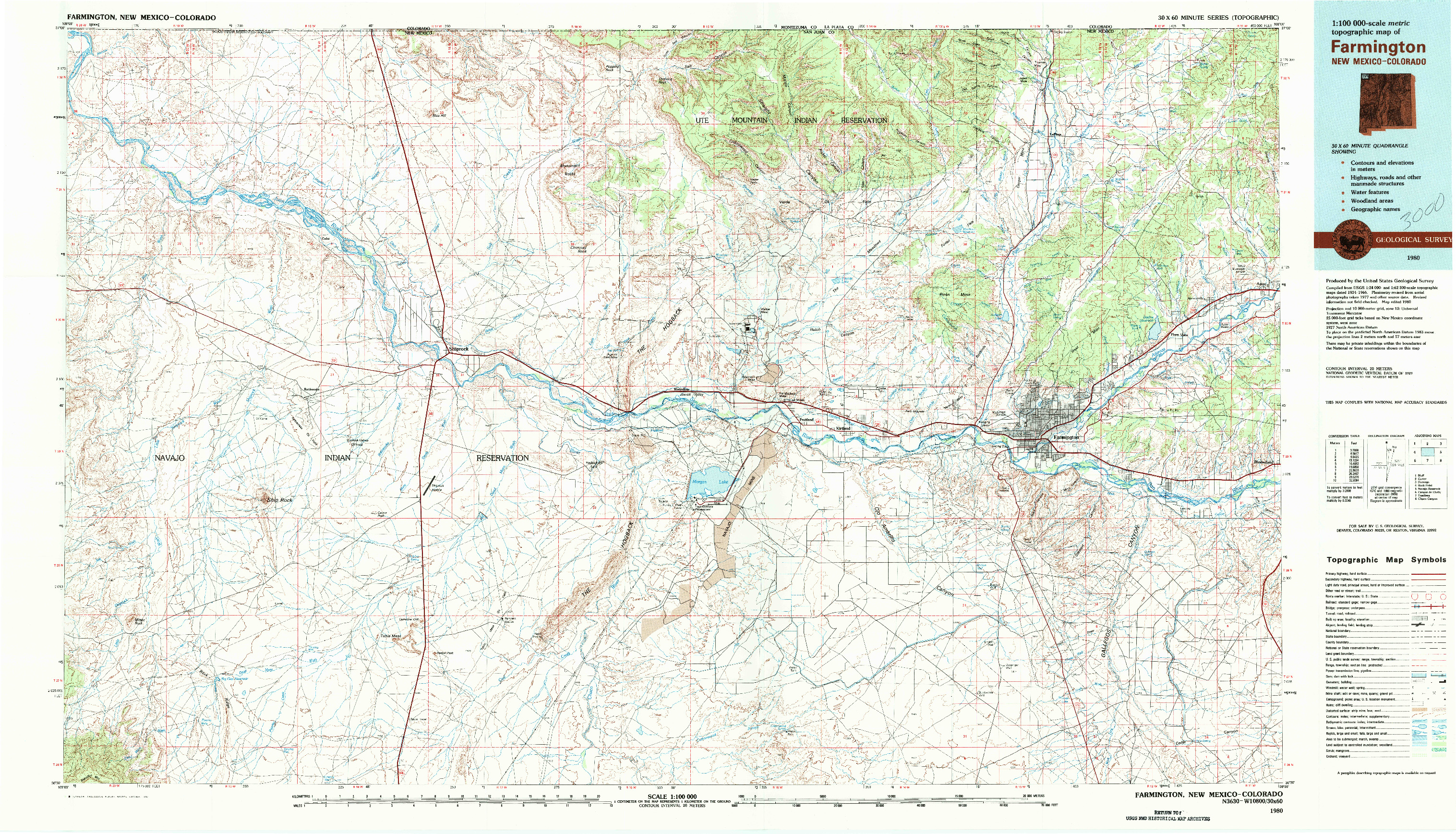 USGS 1:100000-SCALE QUADRANGLE FOR FARMINGTON, NM 1980
