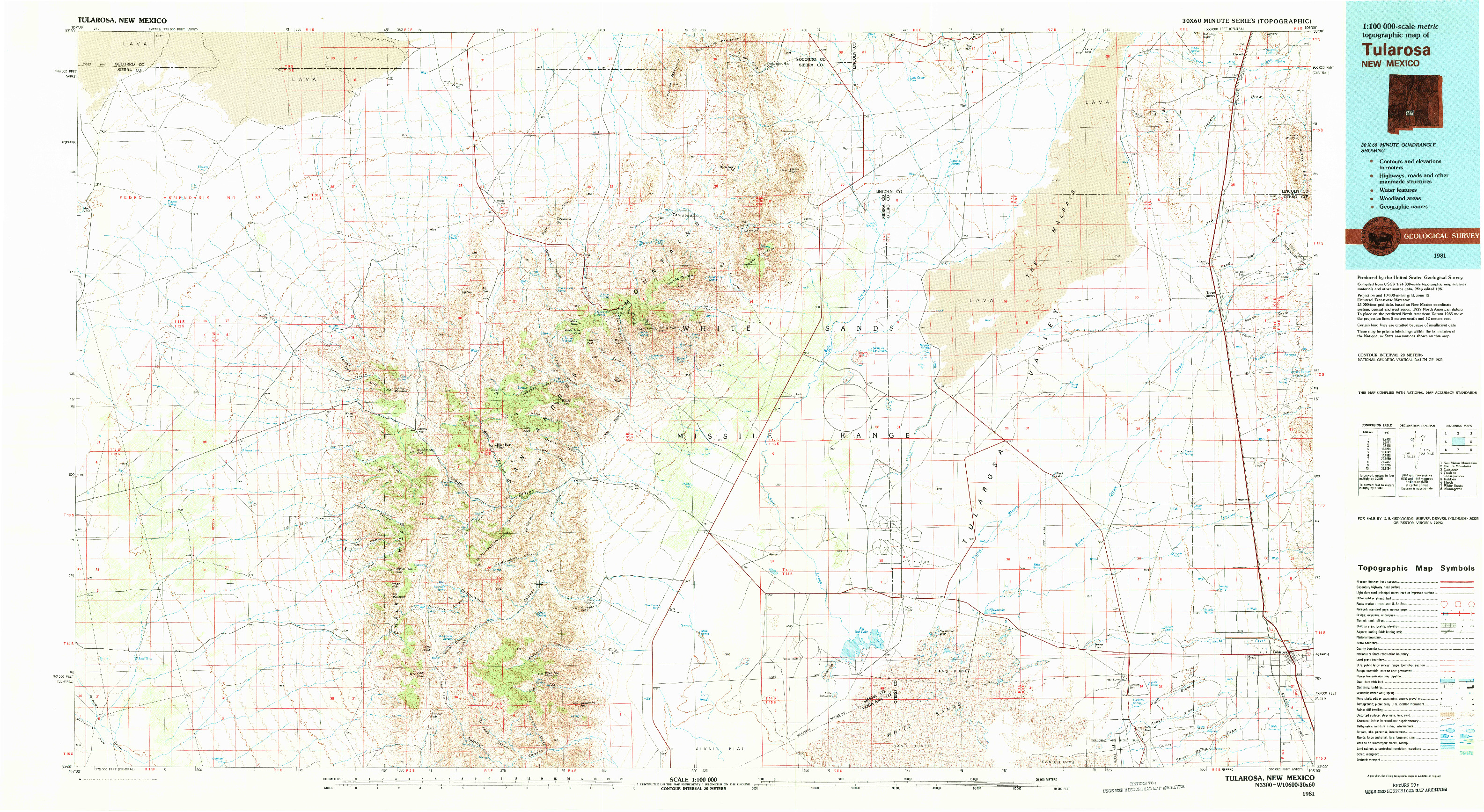 USGS 1:100000-SCALE QUADRANGLE FOR TULAROSA, NM 1981
