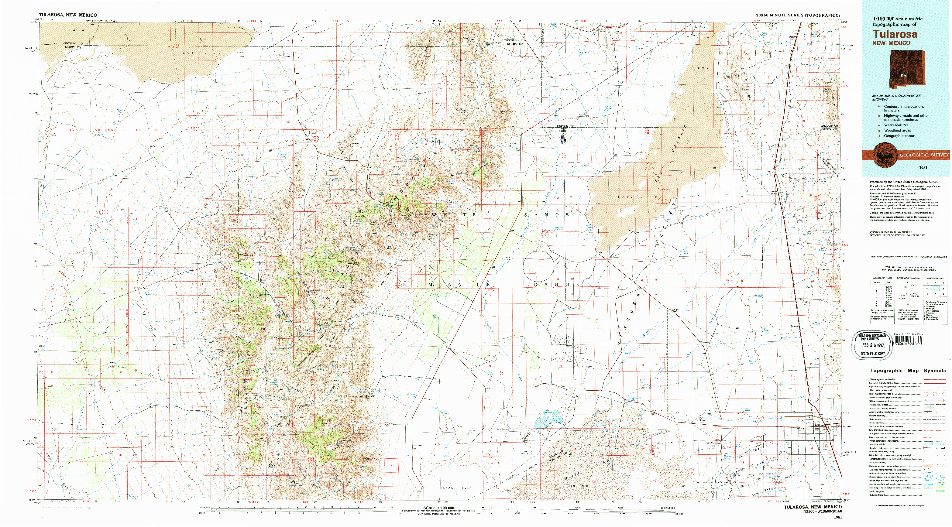 USGS 1:100000-SCALE QUADRANGLE FOR TULAROSA, NM 1981
