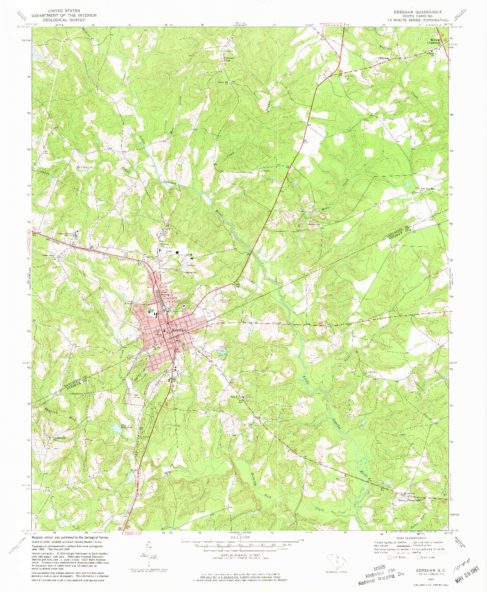 USGS 1:24000-SCALE QUADRANGLE FOR KERSHAW, SC 1969