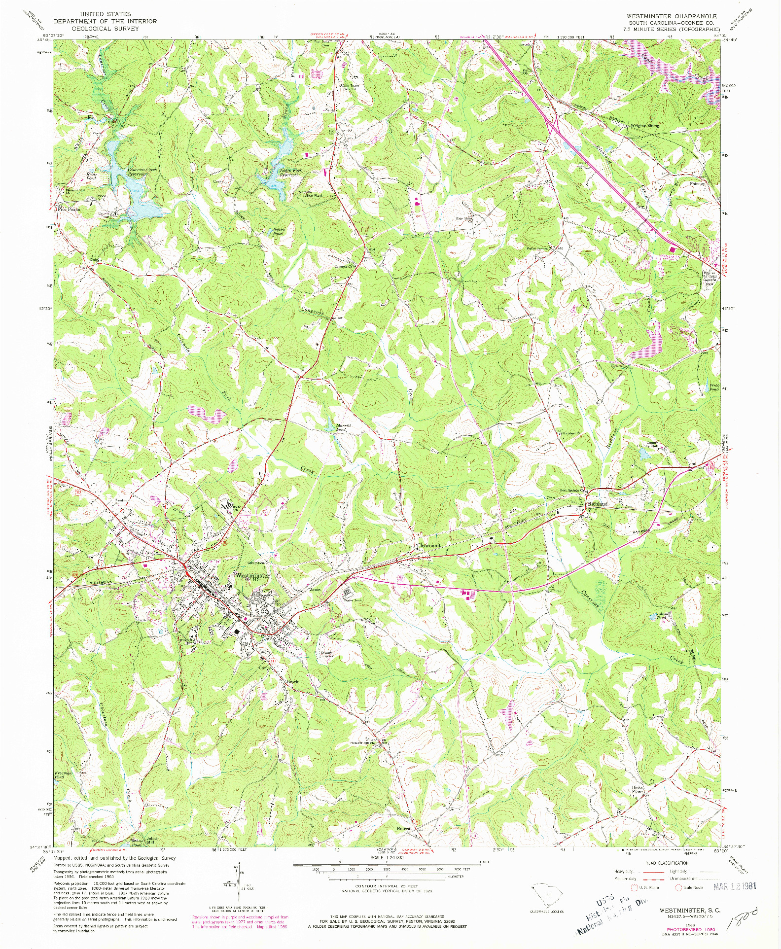 USGS 1:24000-SCALE QUADRANGLE FOR WESTMINSTER, SC 1963