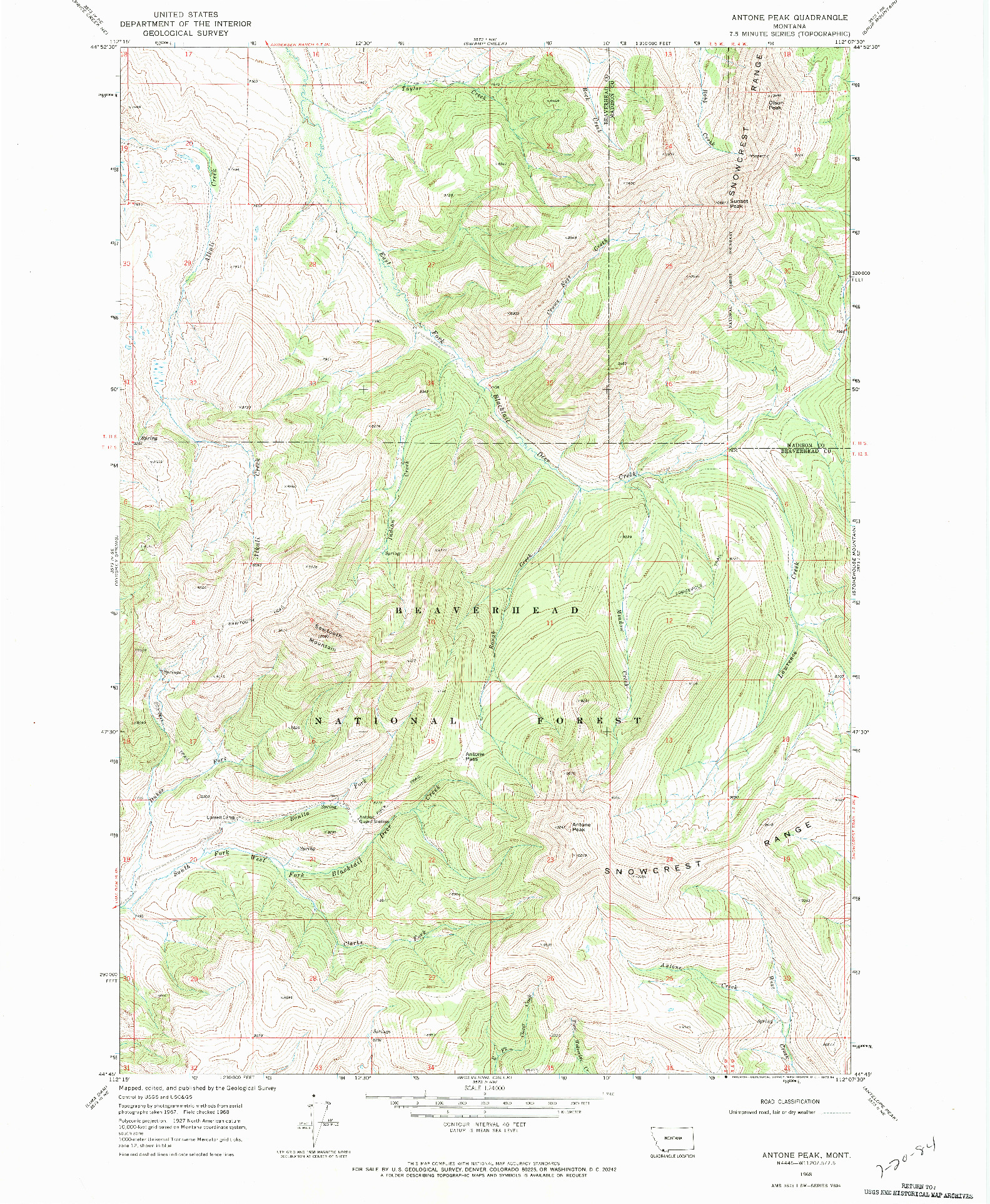USGS 1:24000-SCALE QUADRANGLE FOR ANTONE PEAK, MT 1968