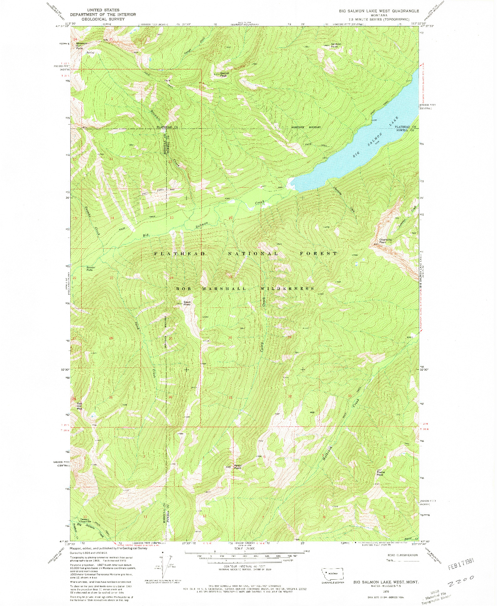 USGS 1:24000-SCALE QUADRANGLE FOR BIG SALMON LAKE WEST, MT 1970