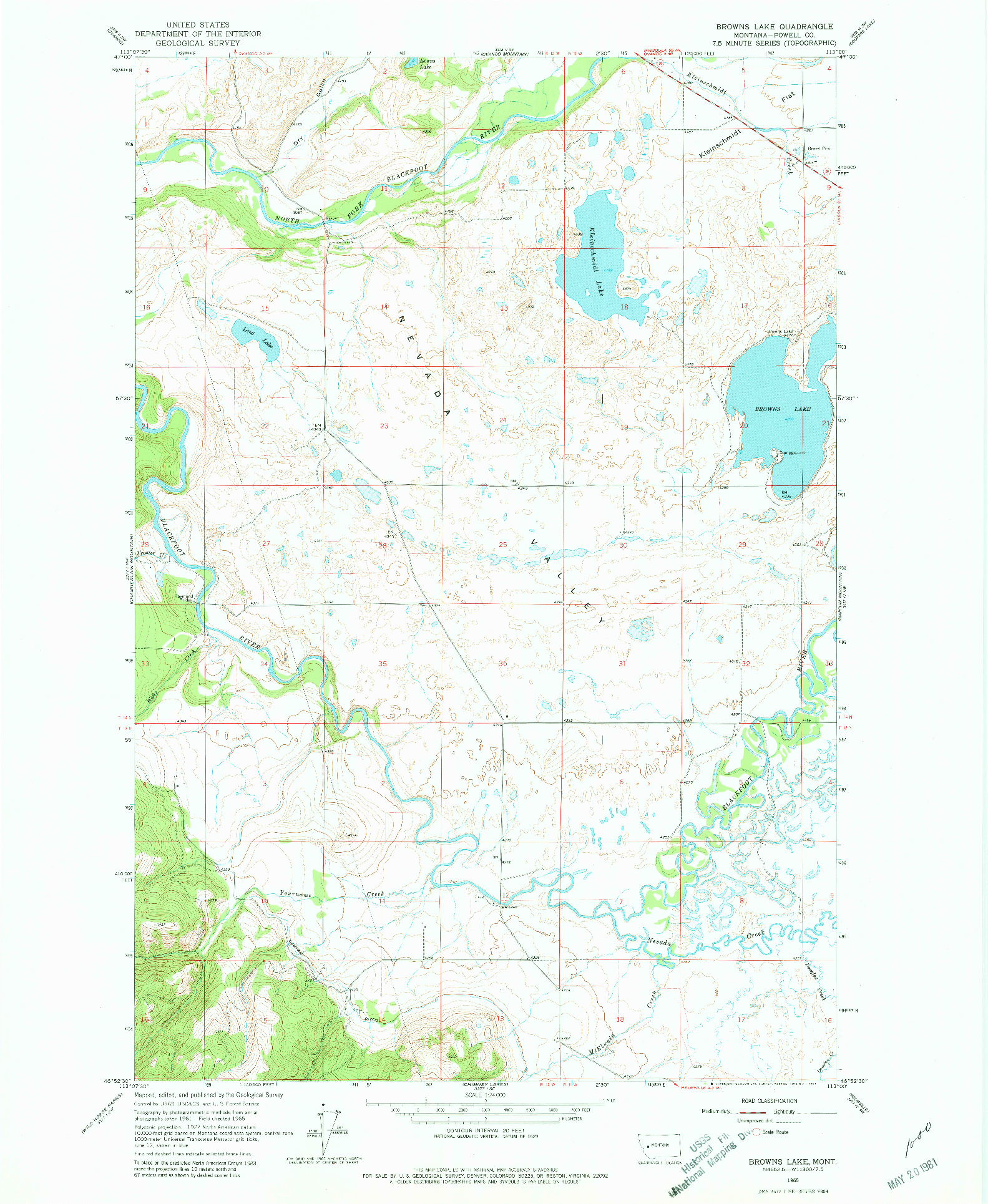 USGS 1:24000-SCALE QUADRANGLE FOR BROWNS LAKE, MT 1965