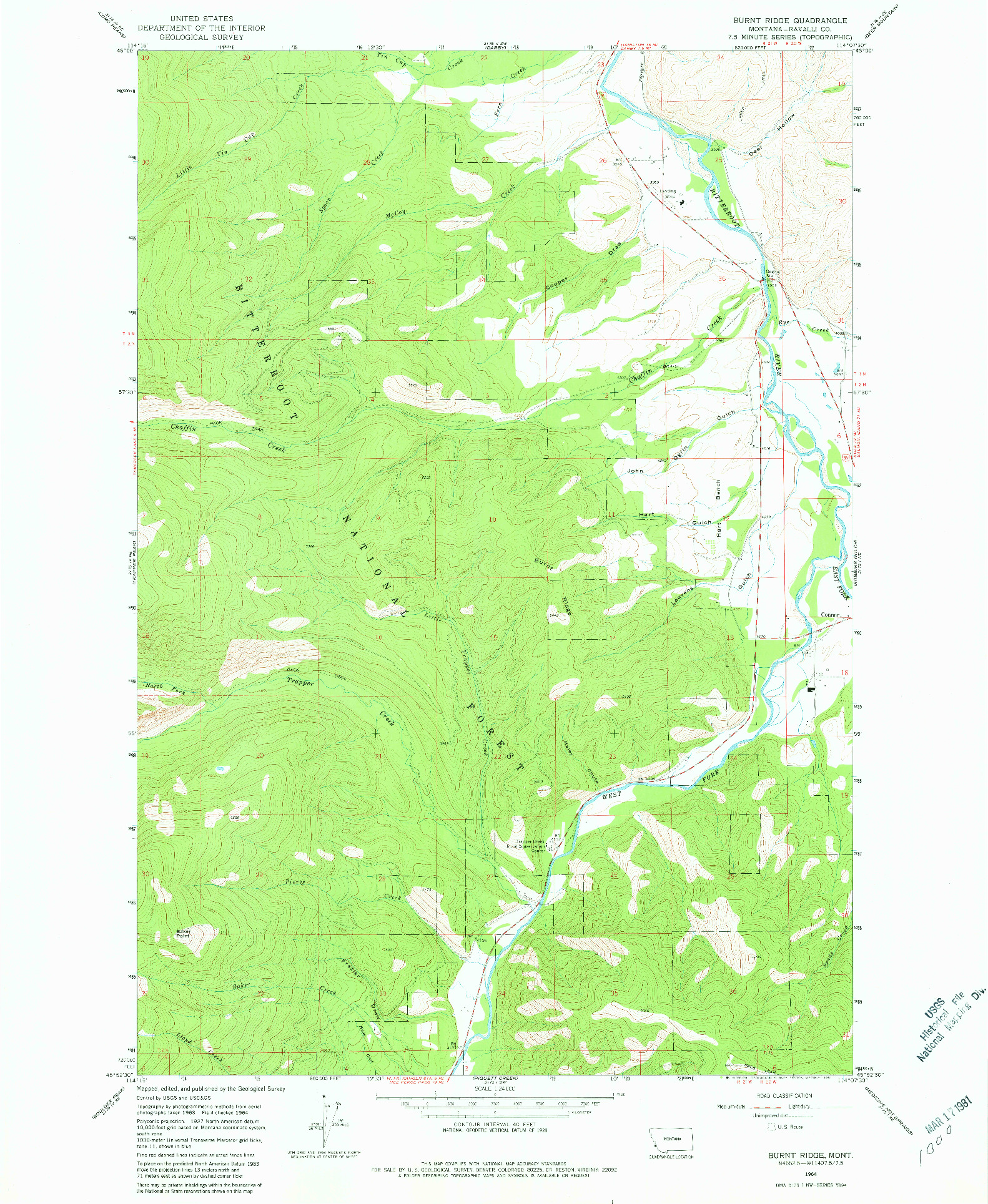 USGS 1:24000-SCALE QUADRANGLE FOR BURNT RIDGE, MT 1964