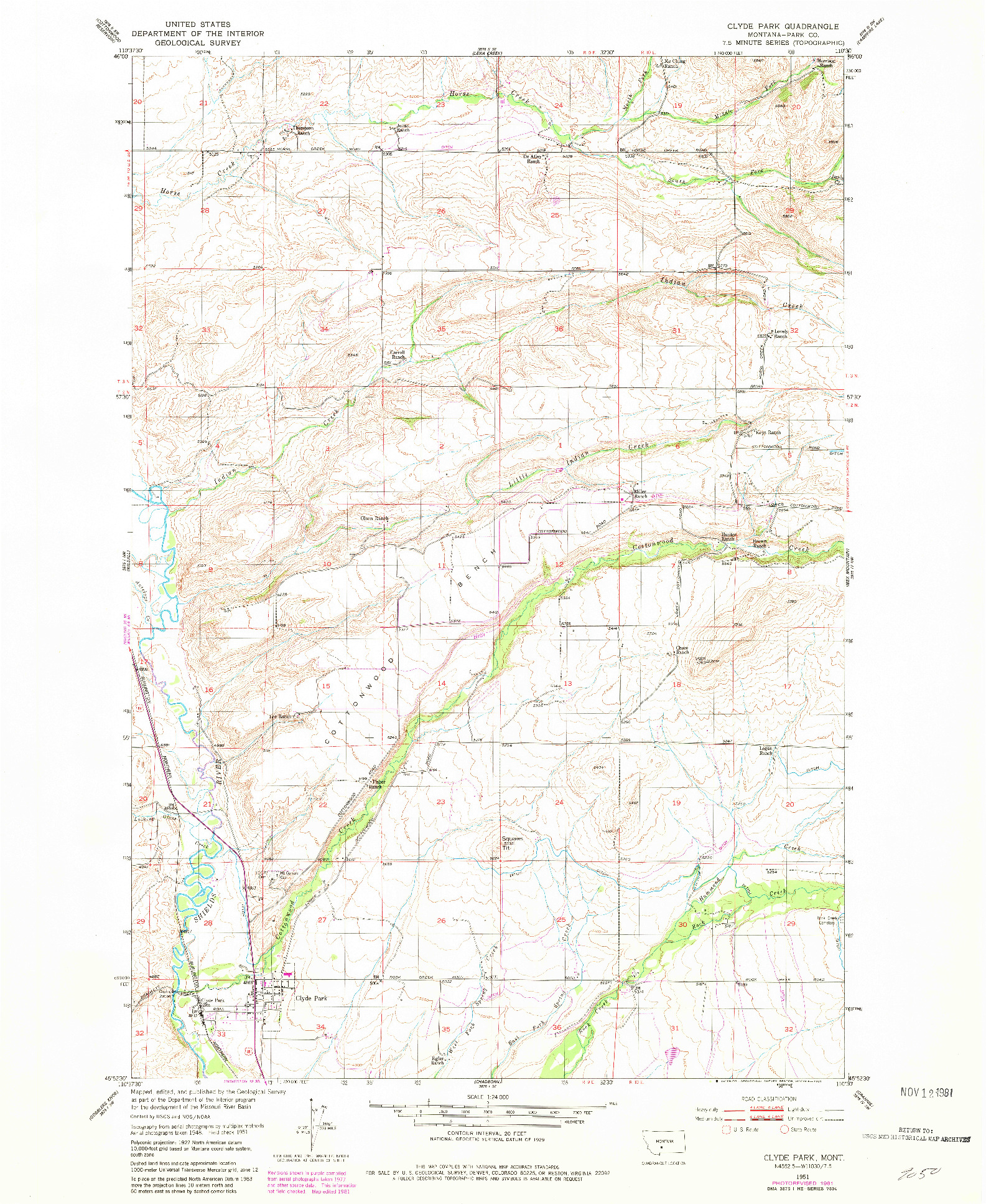 USGS 1:24000-SCALE QUADRANGLE FOR CLYDE PARK, MT 1951