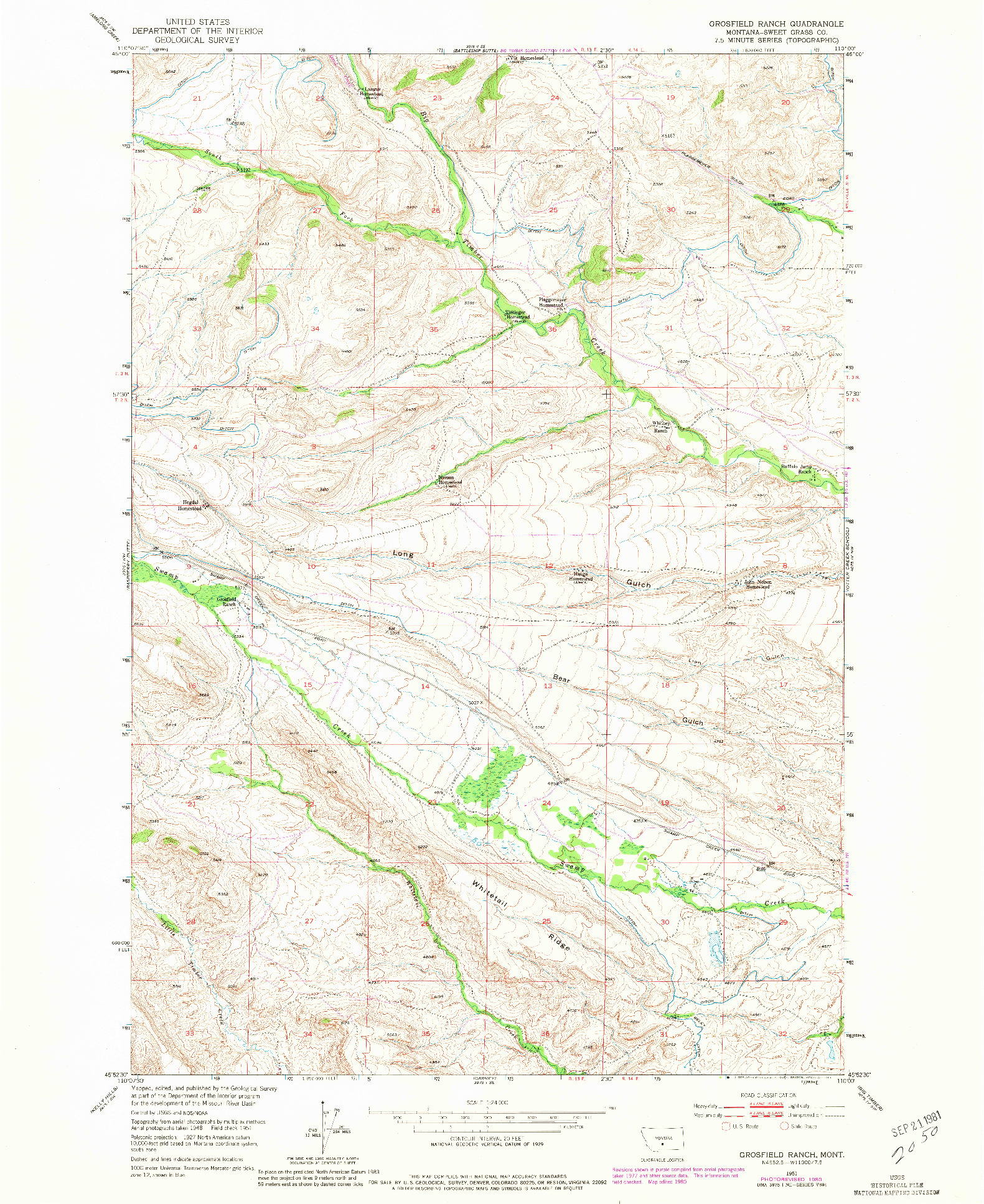 USGS 1:24000-SCALE QUADRANGLE FOR GROSFIELD RANCH, MT 1951