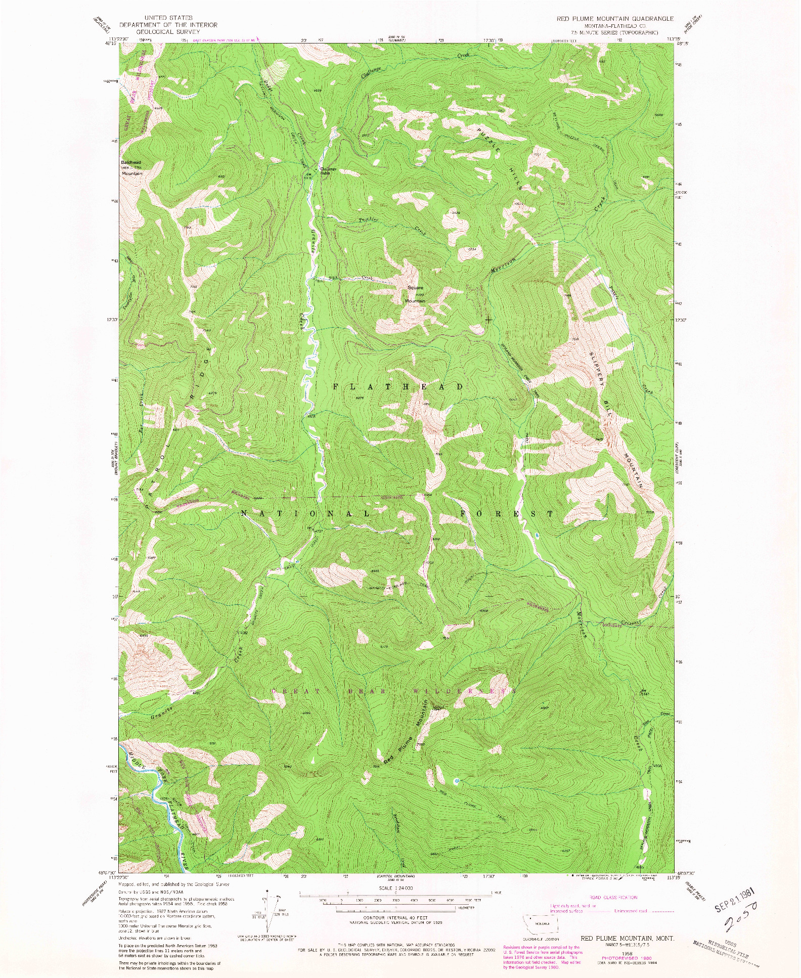 USGS 1:24000-SCALE QUADRANGLE FOR RED PLUME MOUNTAIN, MT 1958