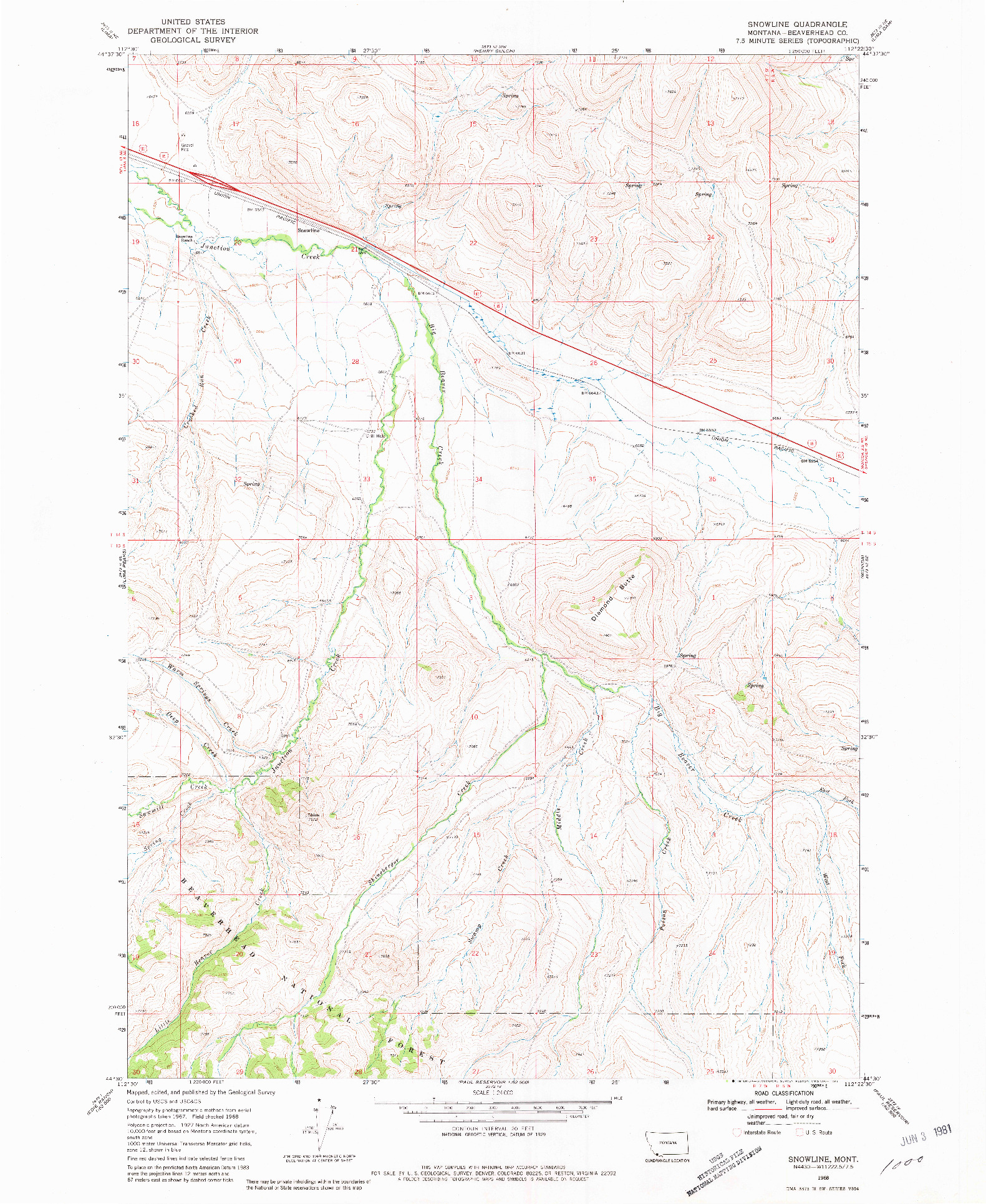 USGS 1:24000-SCALE QUADRANGLE FOR SNOWLINE, MT 1968