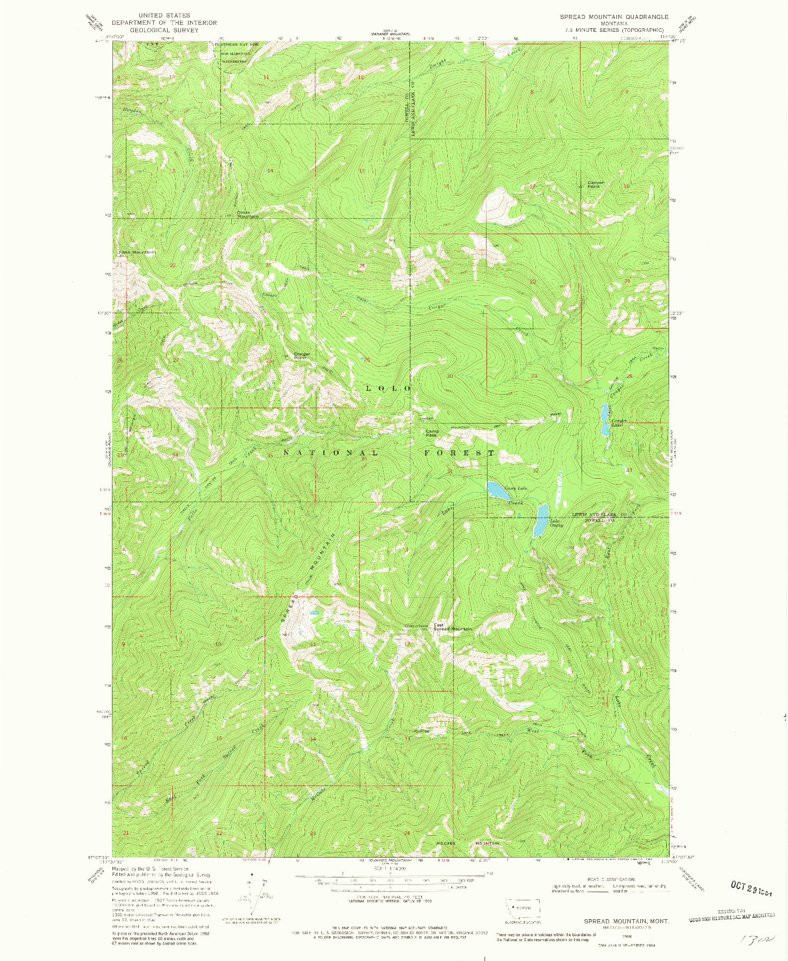 USGS 1:24000-SCALE QUADRANGLE FOR SPREAD MOUNTAIN, MT 1968