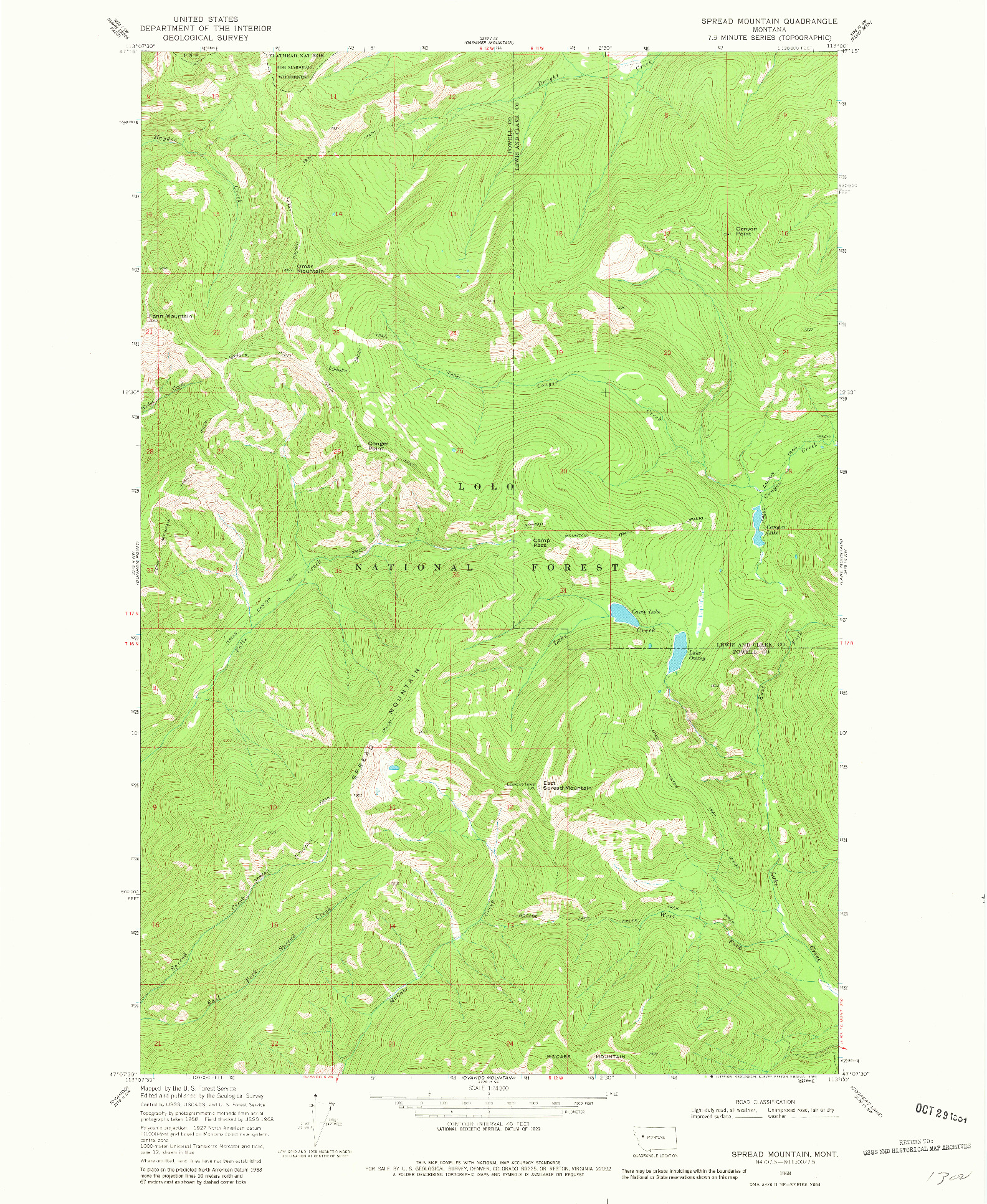 USGS 1:24000-SCALE QUADRANGLE FOR SPREAD MOUNTAIN, MT 1968