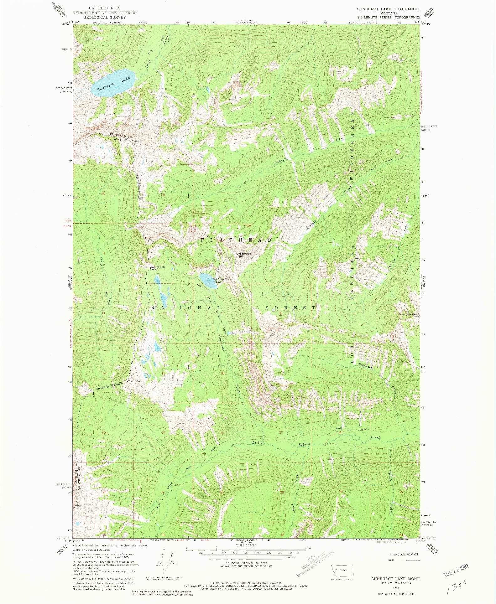 USGS 1:24000-SCALE QUADRANGLE FOR SUNBURST LAKE, MT 1965