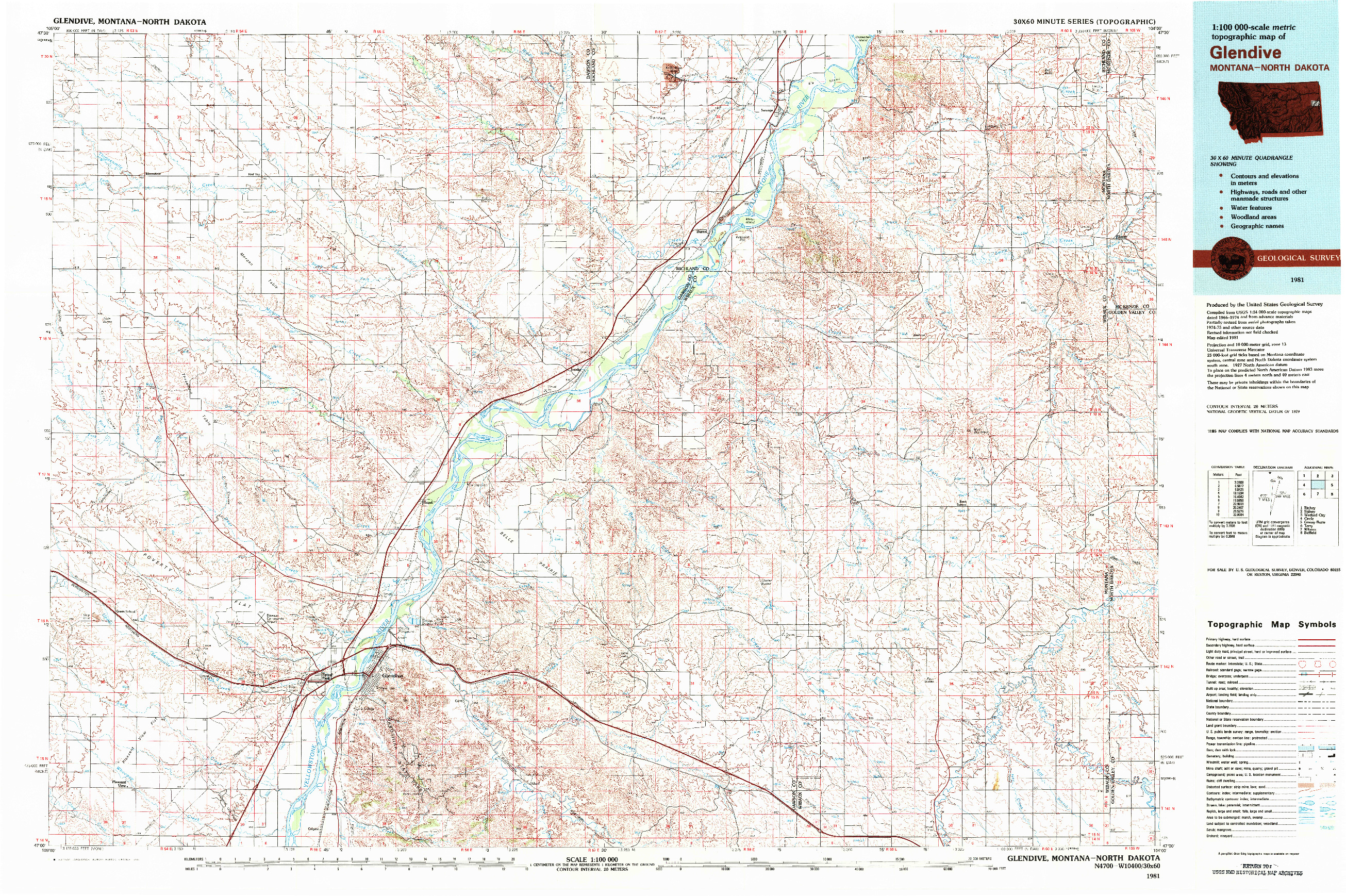 USGS 1:100000-SCALE QUADRANGLE FOR GLENDIVE, MT 1981