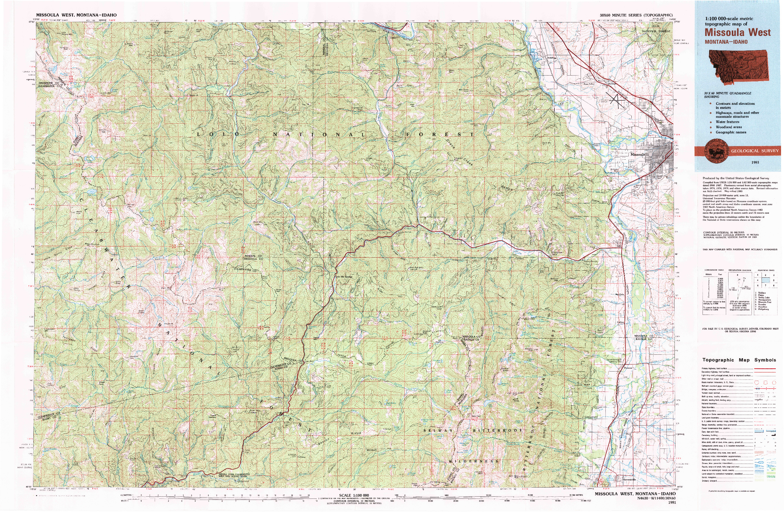 USGS 1:100000-SCALE QUADRANGLE FOR MISSOULA WEST, MT 1981