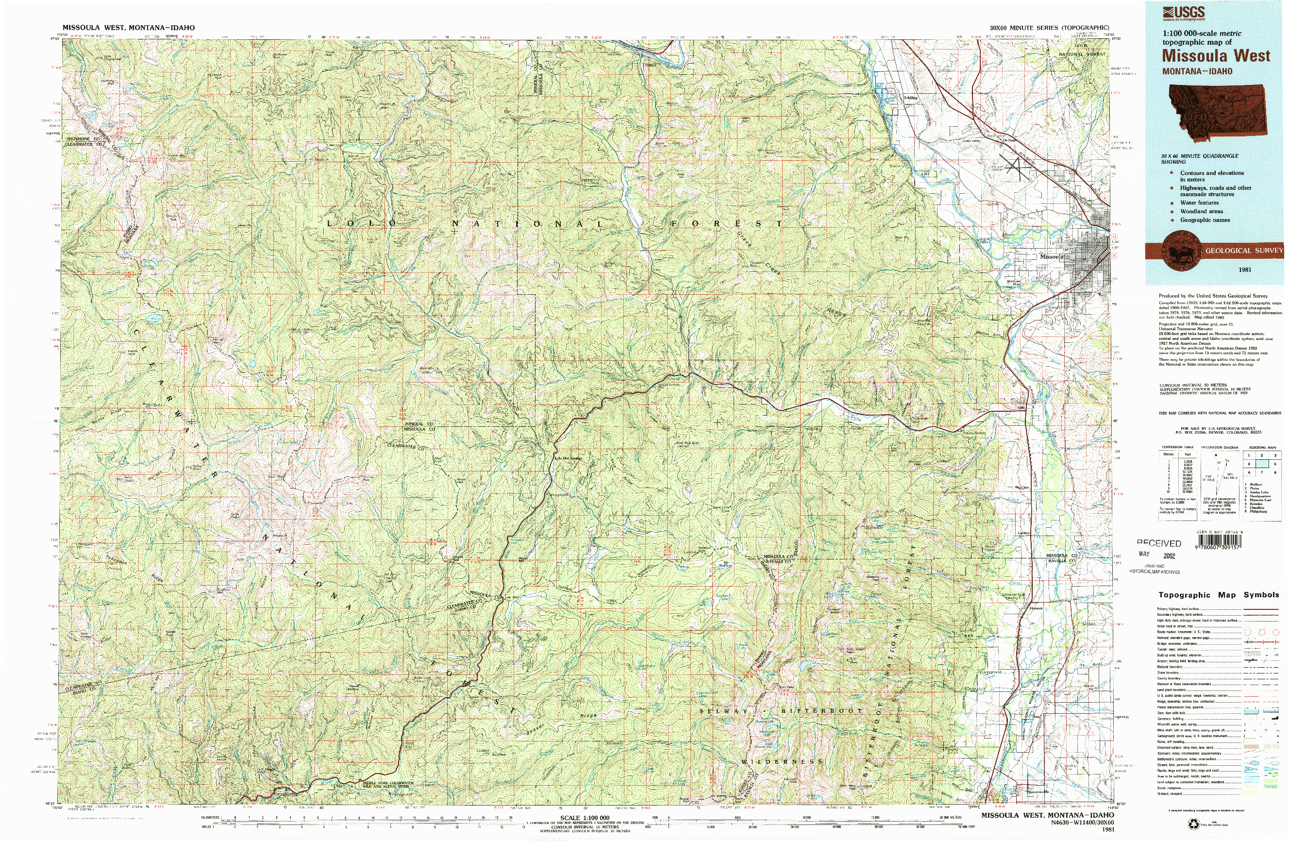 USGS 1:100000-SCALE QUADRANGLE FOR MISSOULA WEST, MT 1981