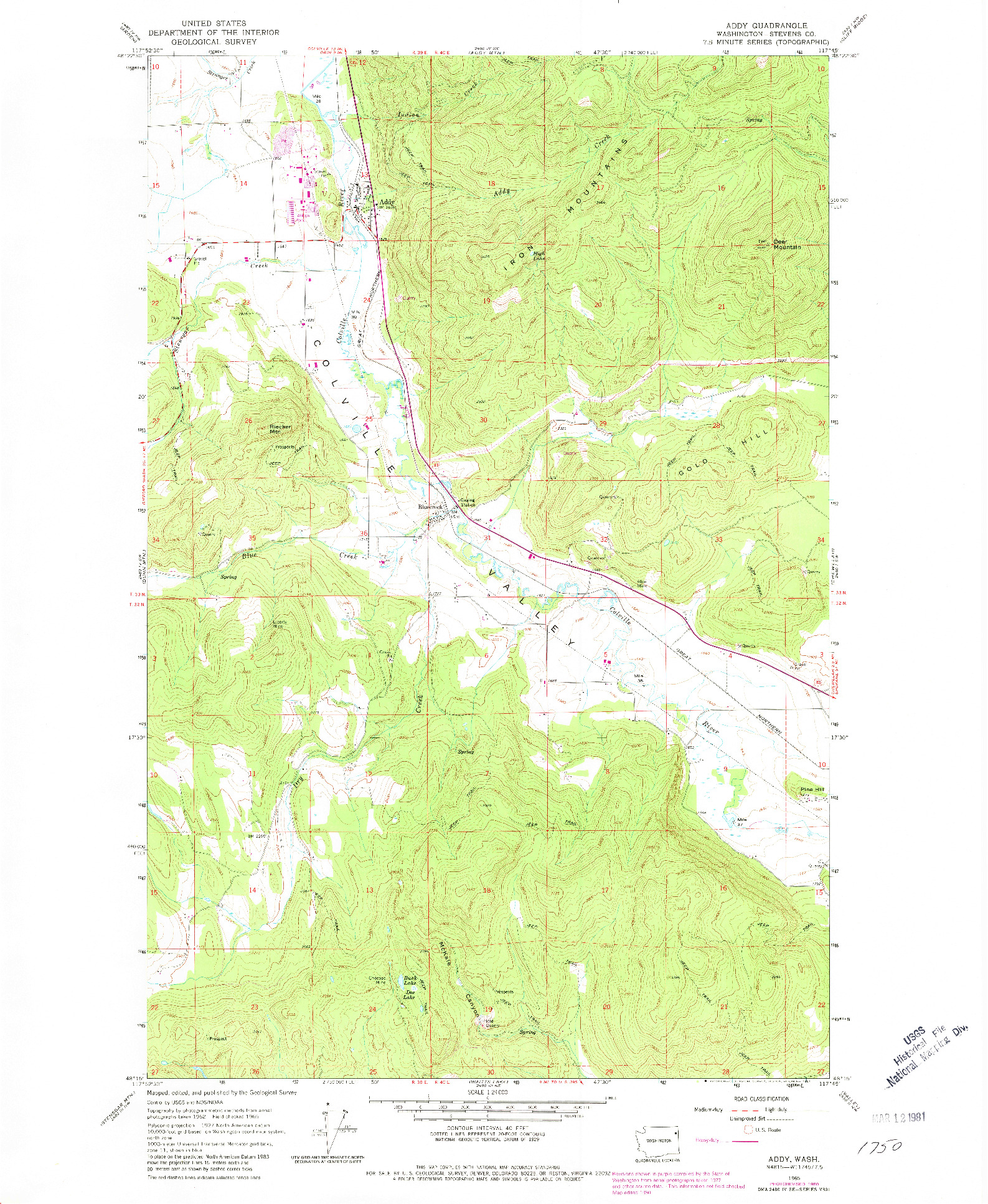 USGS 1:24000-SCALE QUADRANGLE FOR ADDY, WA 1965