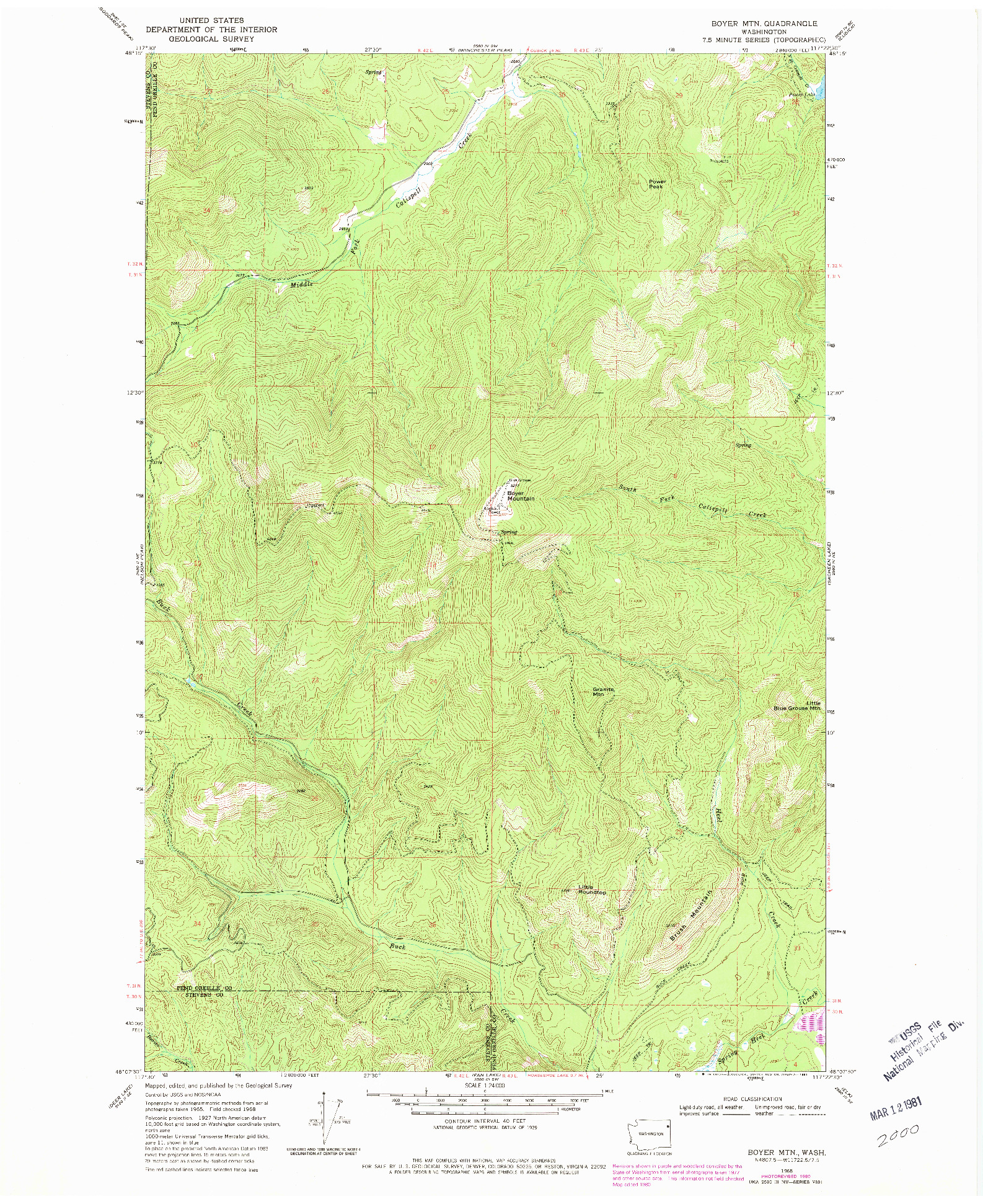 USGS 1:24000-SCALE QUADRANGLE FOR BOYER MTN, WA 1968