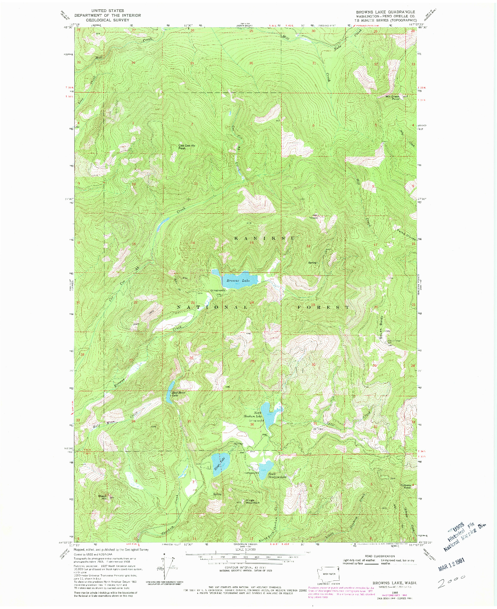 USGS 1:24000-SCALE QUADRANGLE FOR BROWNS LAKE, WA 1968