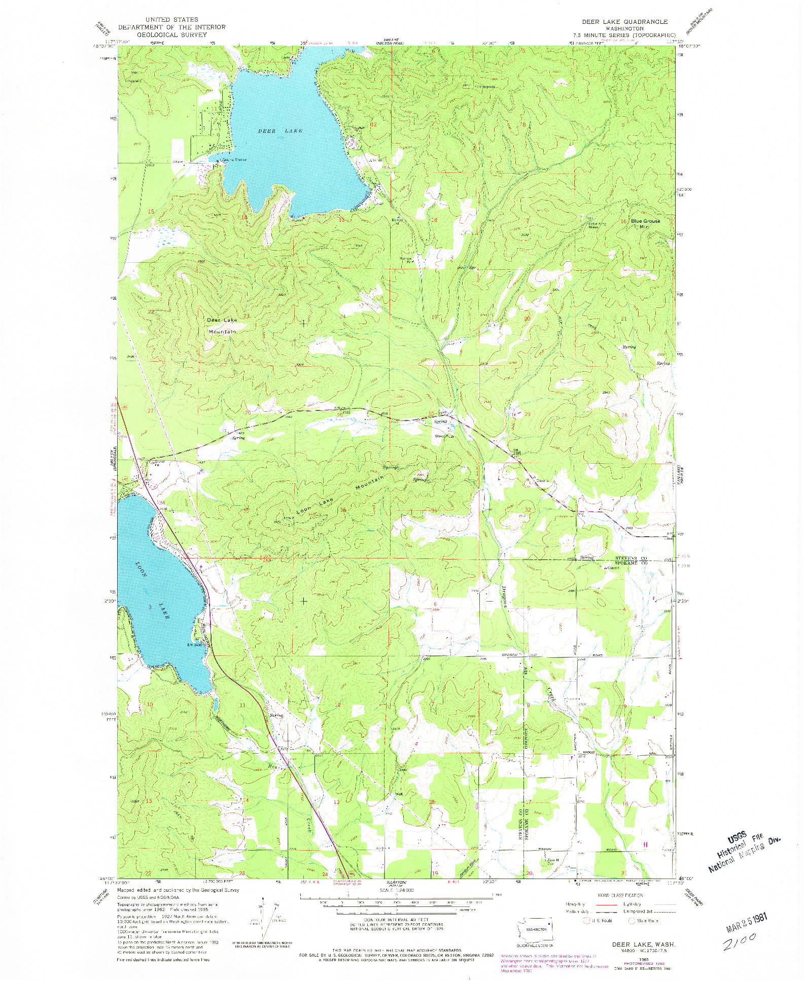 USGS 1:24000-SCALE QUADRANGLE FOR DEER LAKE, WA 1965