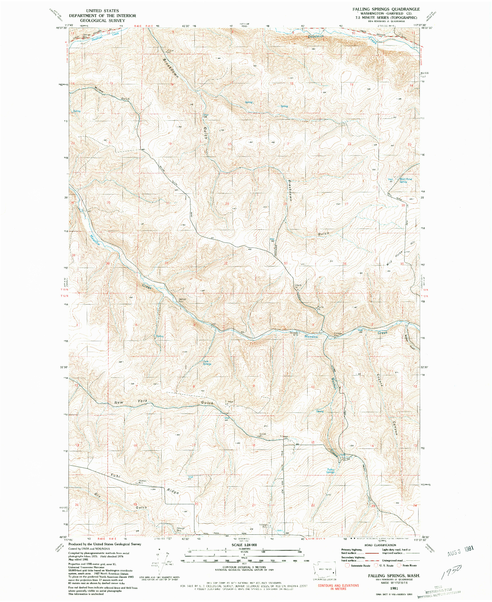 USGS 1:24000-SCALE QUADRANGLE FOR FALLING SPRINGS, WA 1981