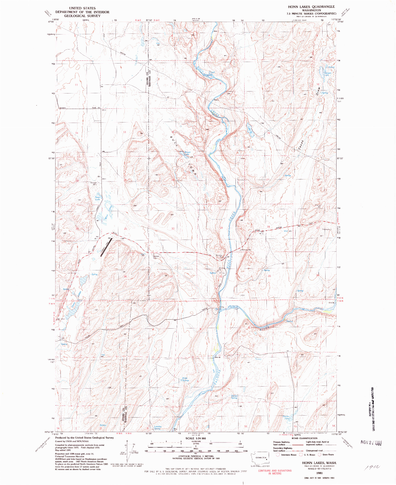 USGS 1:24000-SCALE QUADRANGLE FOR HONN LAKES, WA 1981