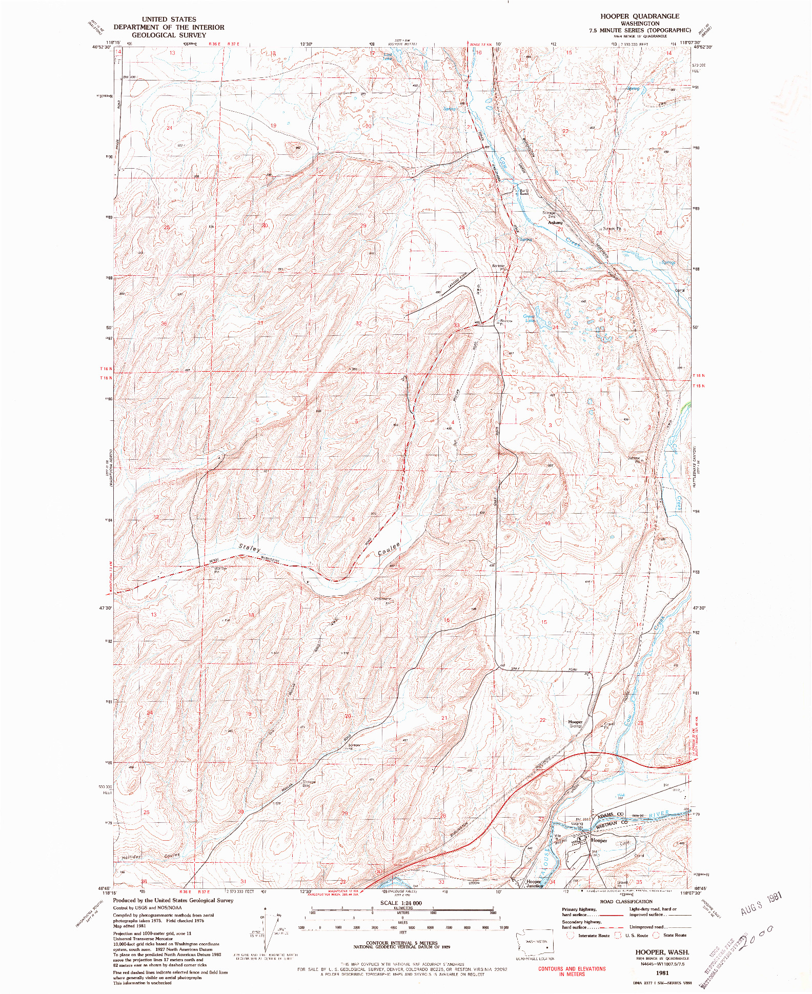 USGS 1:24000-SCALE QUADRANGLE FOR HOOPER, WA 1981