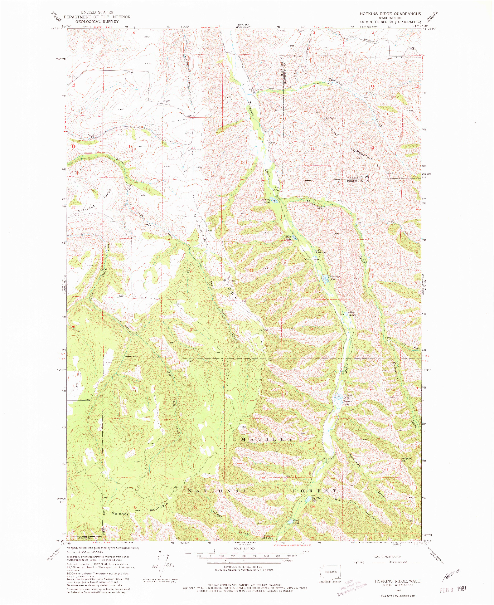 USGS 1:24000-SCALE QUADRANGLE FOR HOPKINS RIDGE, WA 1967