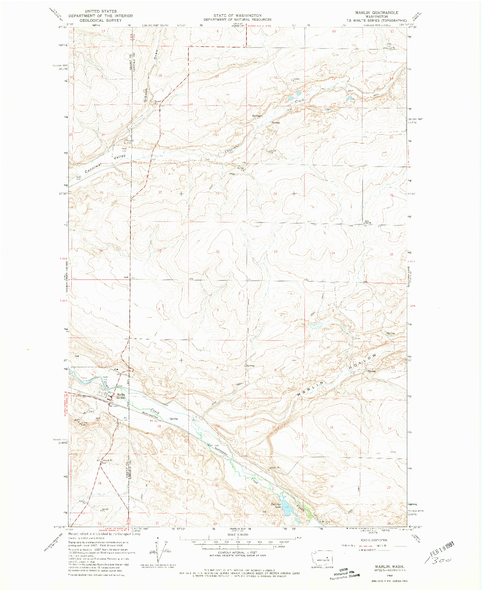 USGS 1:24000-SCALE QUADRANGLE FOR MARLIN, WA 1968