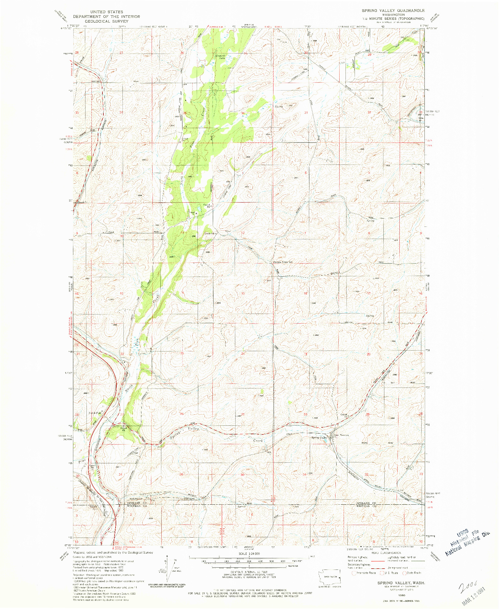 USGS 1:24000-SCALE QUADRANGLE FOR SPRING VALLEY, WA 1980