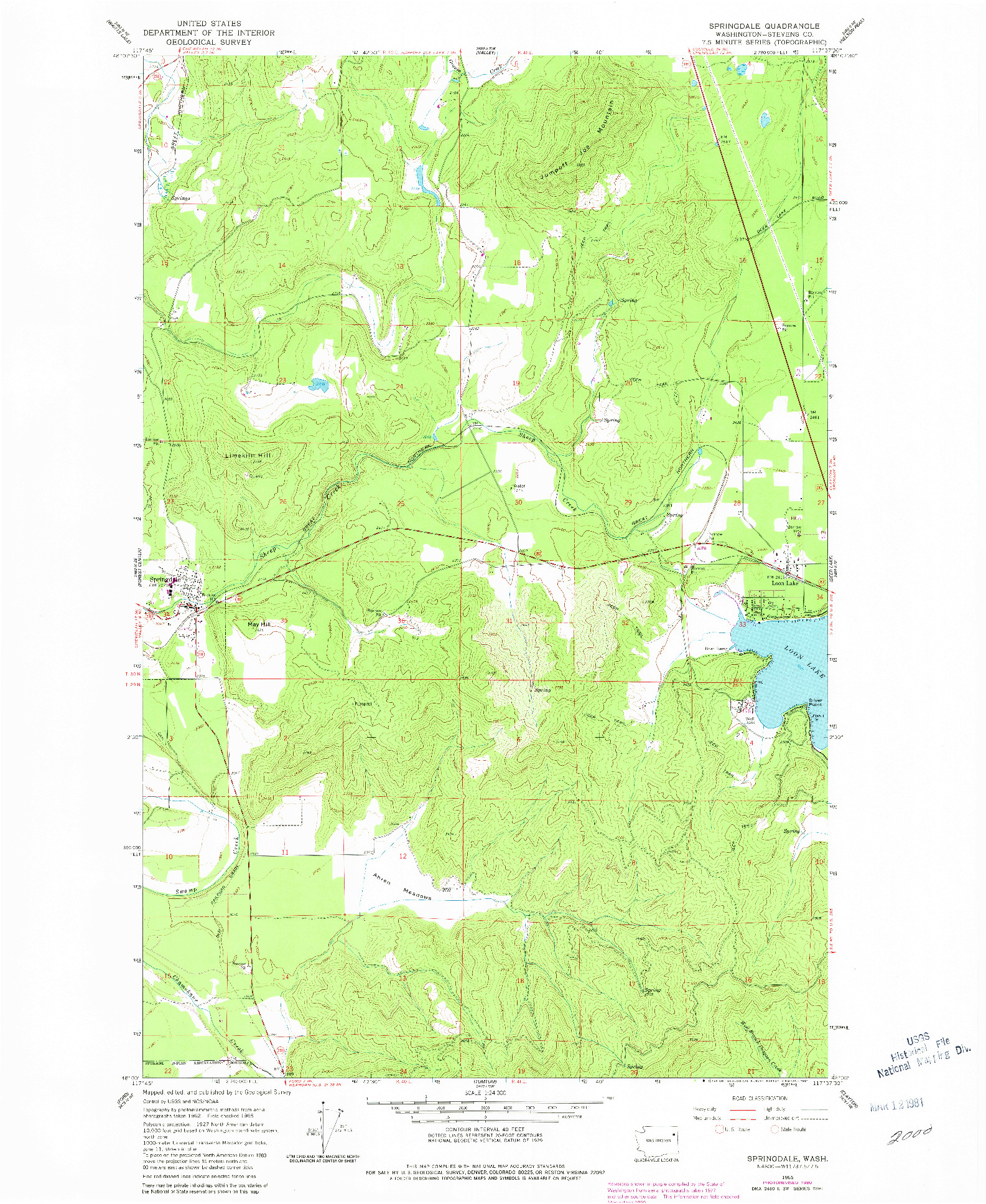 USGS 1:24000-SCALE QUADRANGLE FOR SPRINGDALE, WA 1965