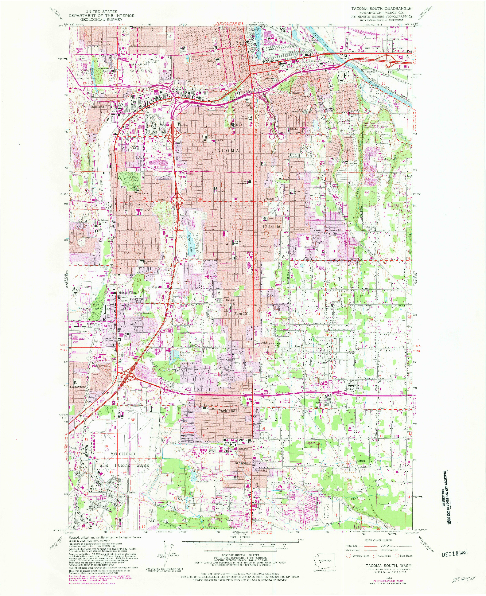 USGS 1:24000-SCALE QUADRANGLE FOR TACOMA SOUTH, WA 1961