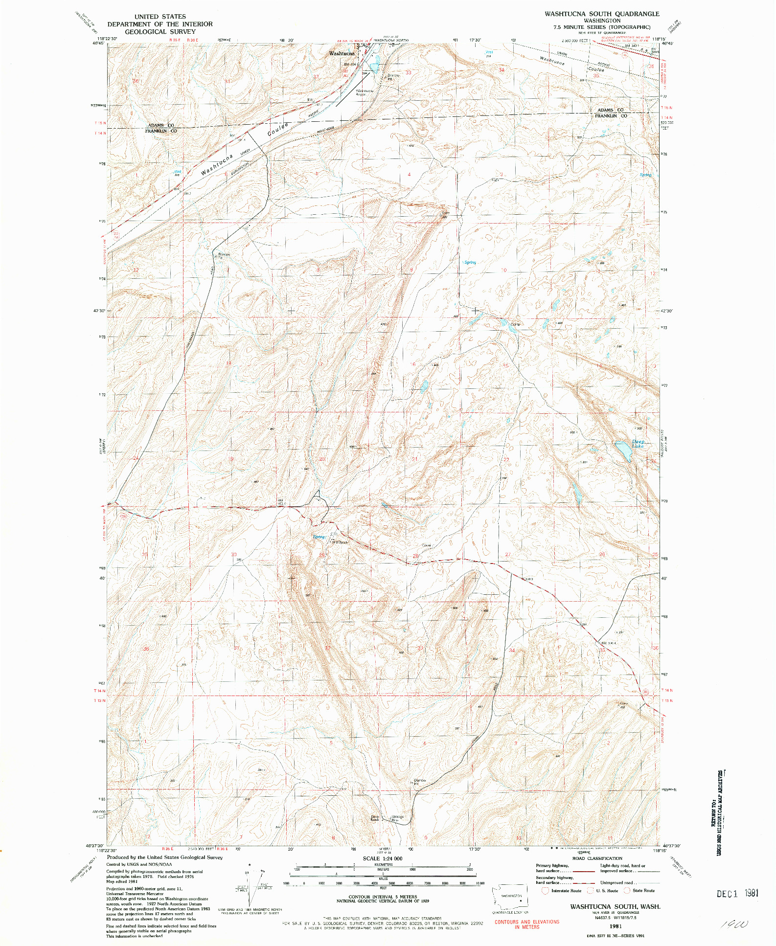 USGS 1:24000-SCALE QUADRANGLE FOR WASHTUCNA SOUTH, WA 1981