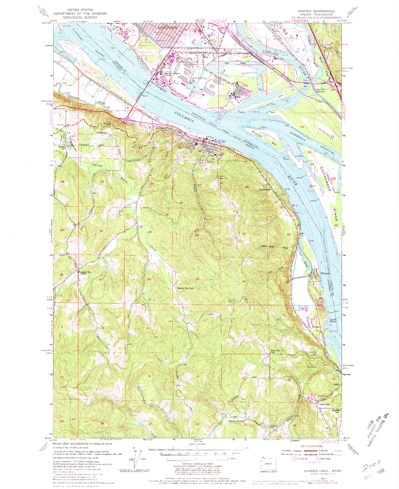 USGS 1:24000-SCALE QUADRANGLE FOR RAINIER, OR 1953