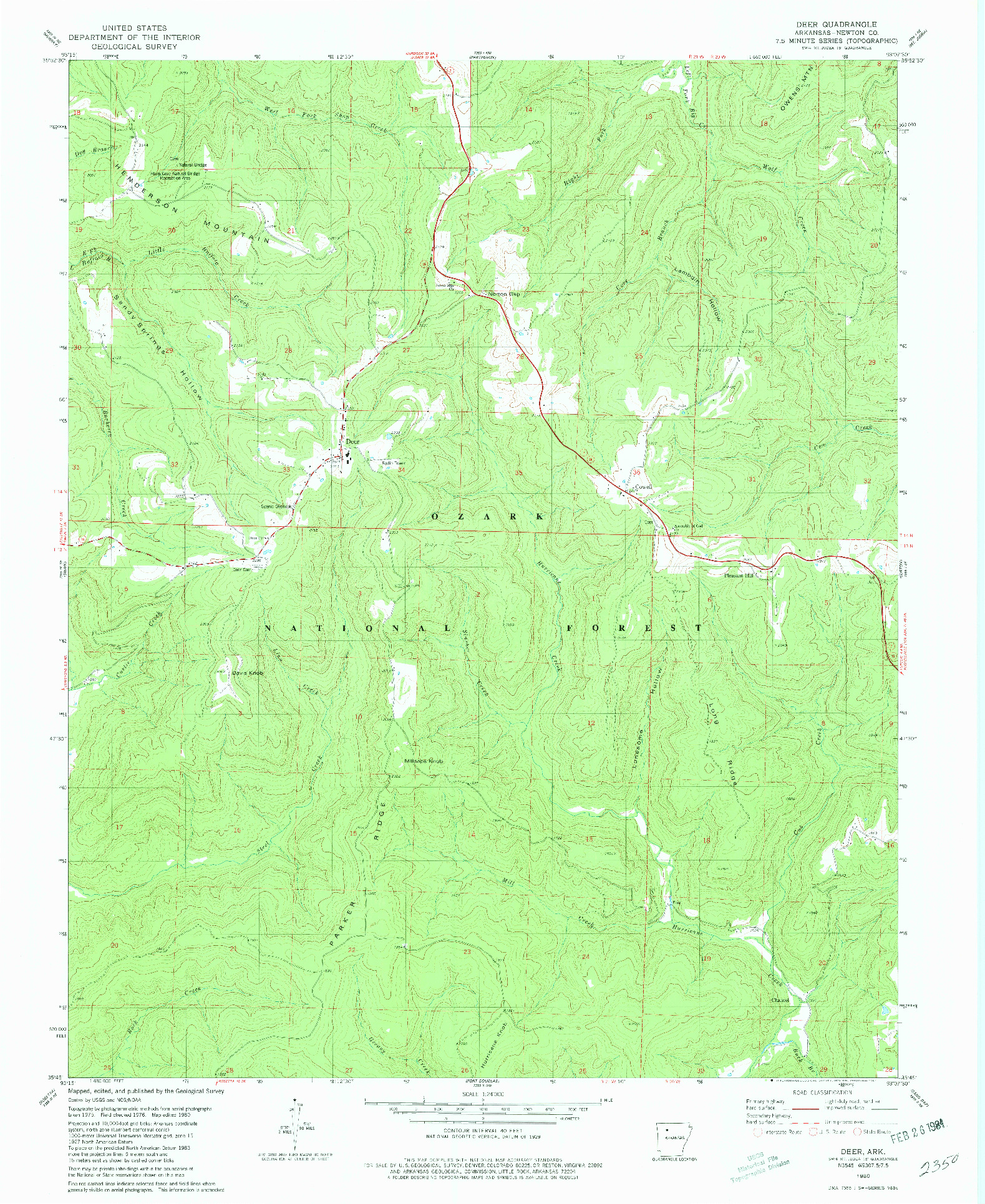 USGS 1:24000-SCALE QUADRANGLE FOR DEER, AR 1980