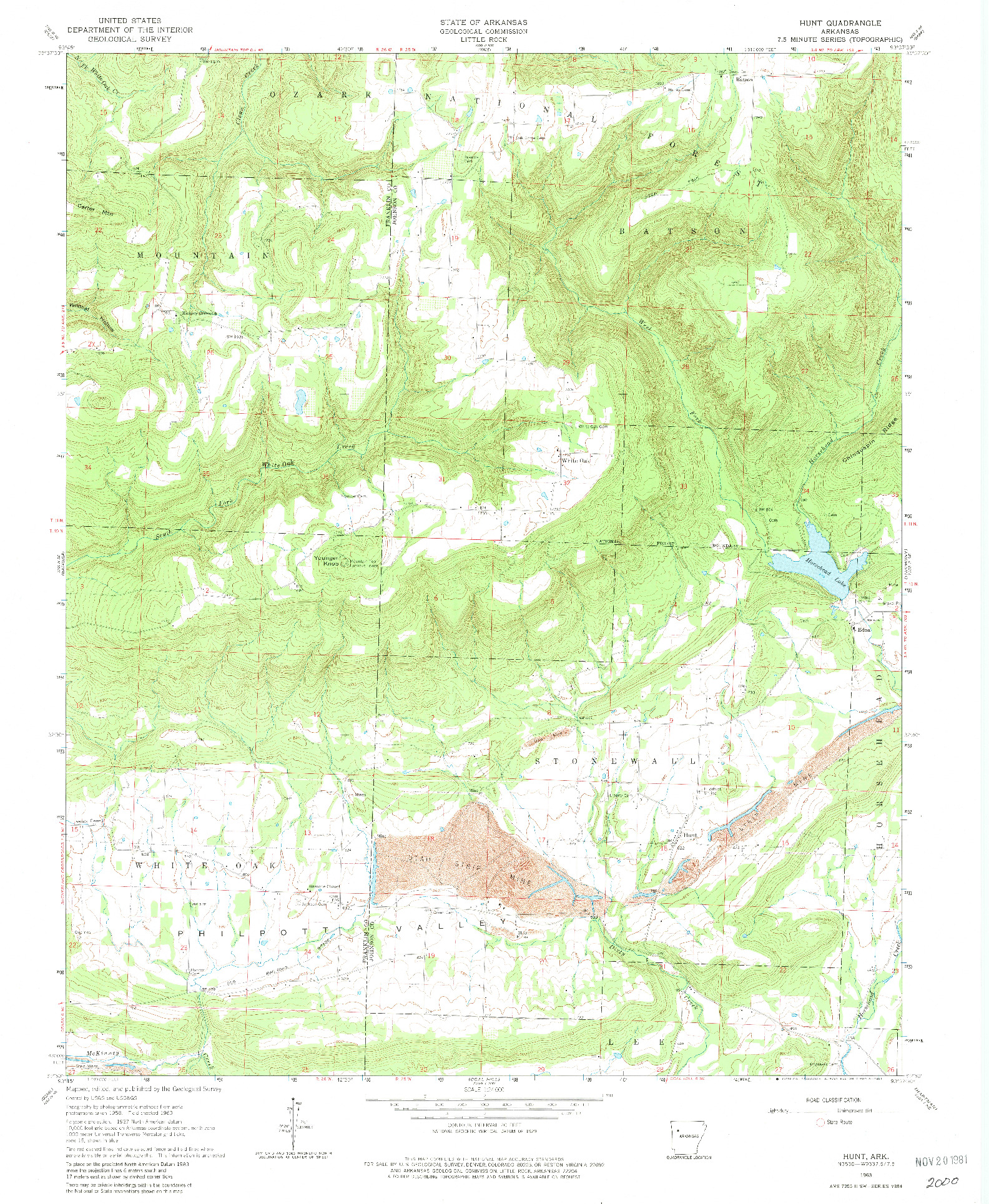 USGS 1:24000-SCALE QUADRANGLE FOR HUNT, AR 1963