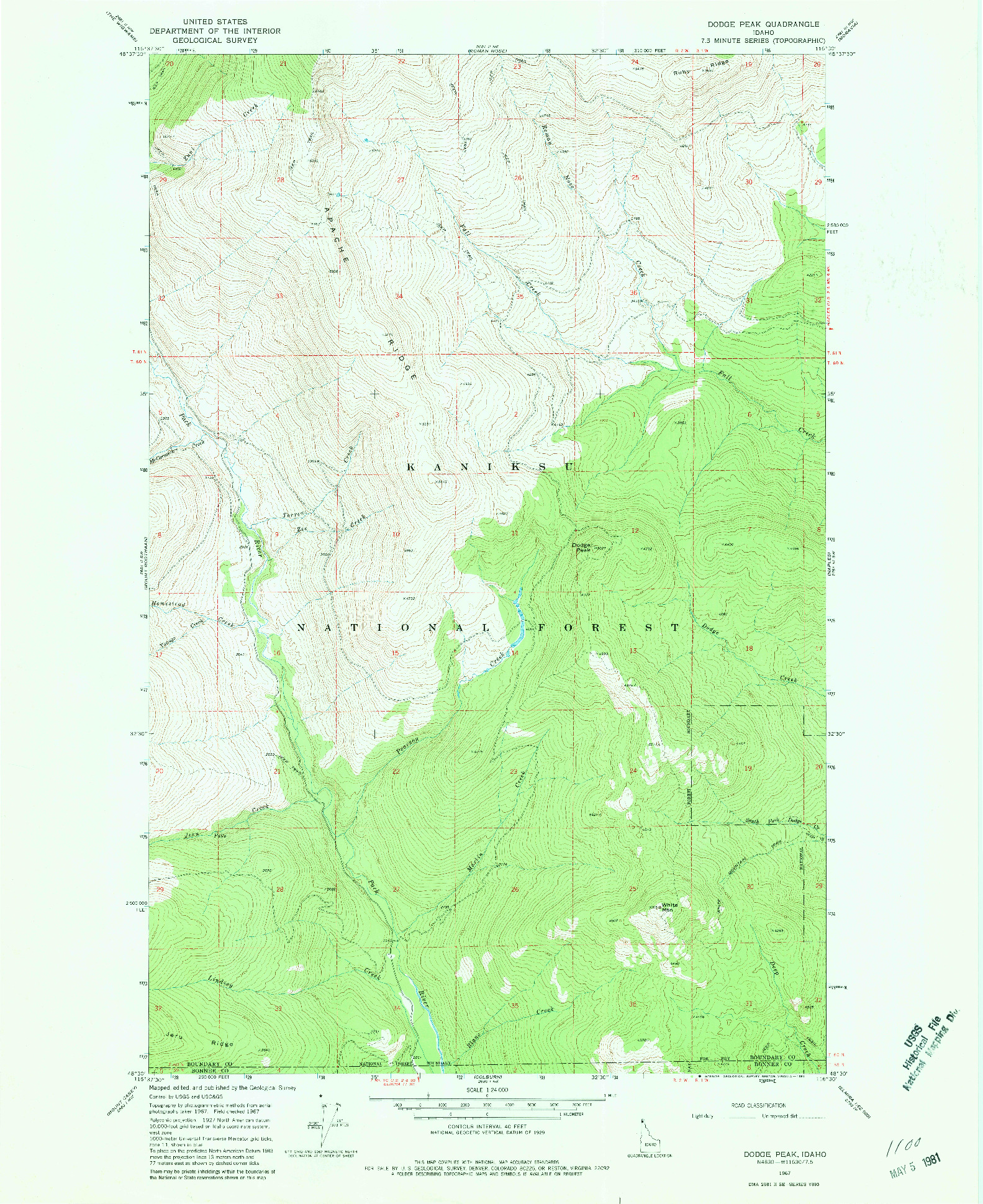 USGS 1:24000-SCALE QUADRANGLE FOR DODGE PEAK, ID 1967