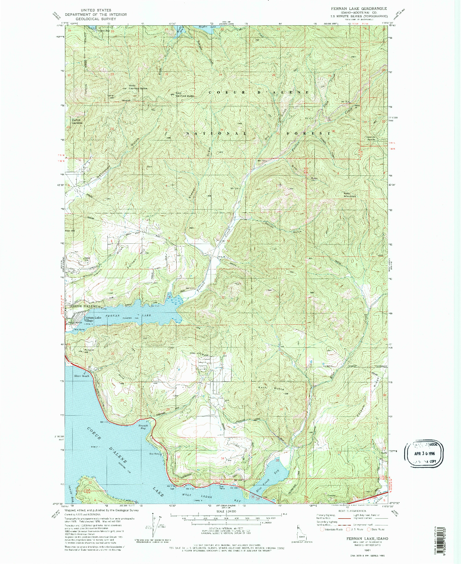 USGS 1:24000-SCALE QUADRANGLE FOR FERNAN LAKE, ID 1981