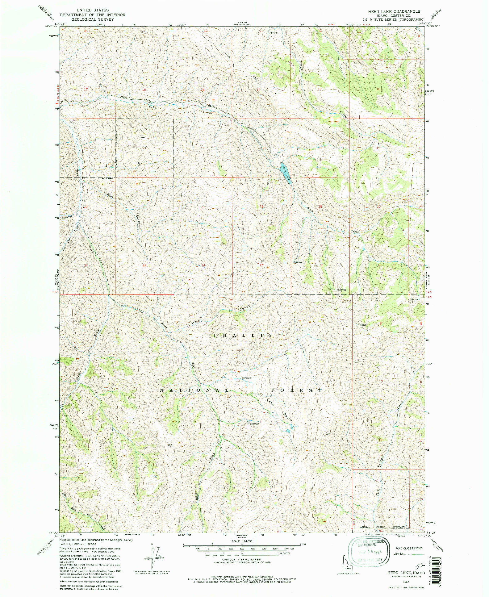 USGS 1:24000-SCALE QUADRANGLE FOR HERD LAKE, ID 1967