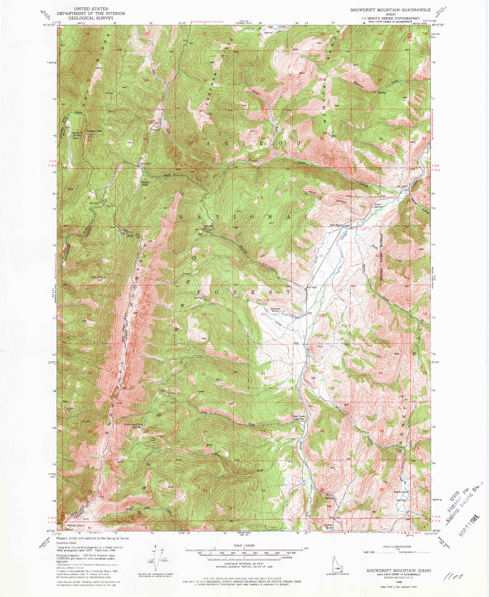 USGS 1:24000-SCALE QUADRANGLE FOR SNOWDRIFT MOUNTAIN, ID 1949