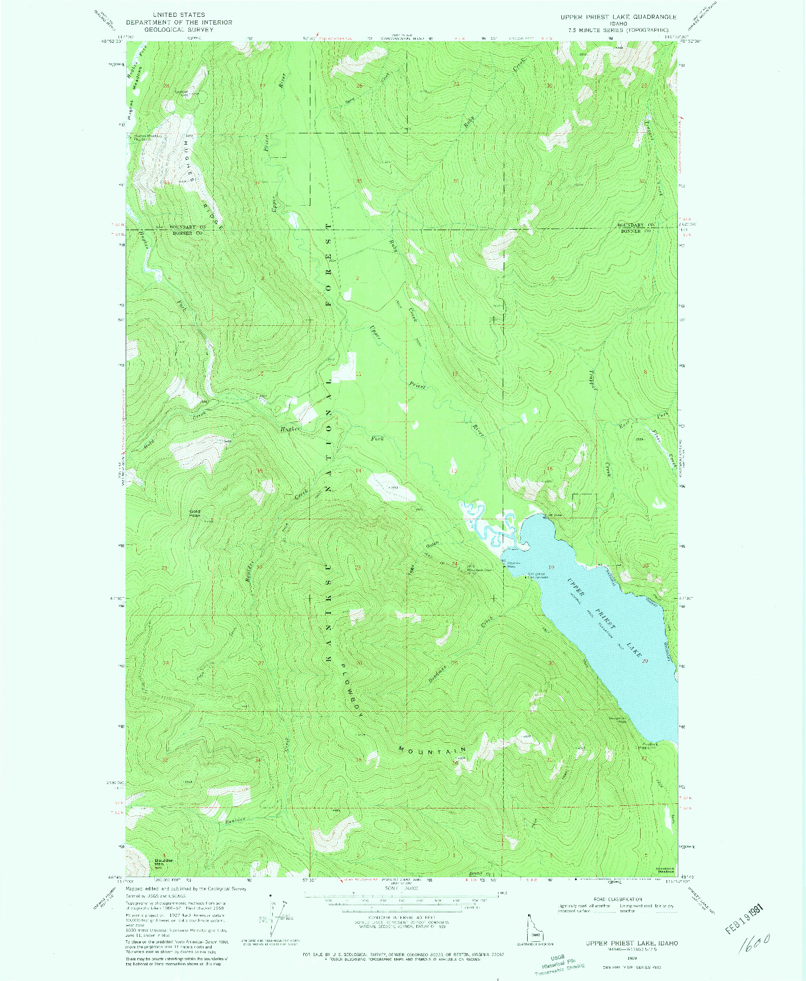 USGS 1:24000-SCALE QUADRANGLE FOR UPPER PRIEST LAKE, ID 1969