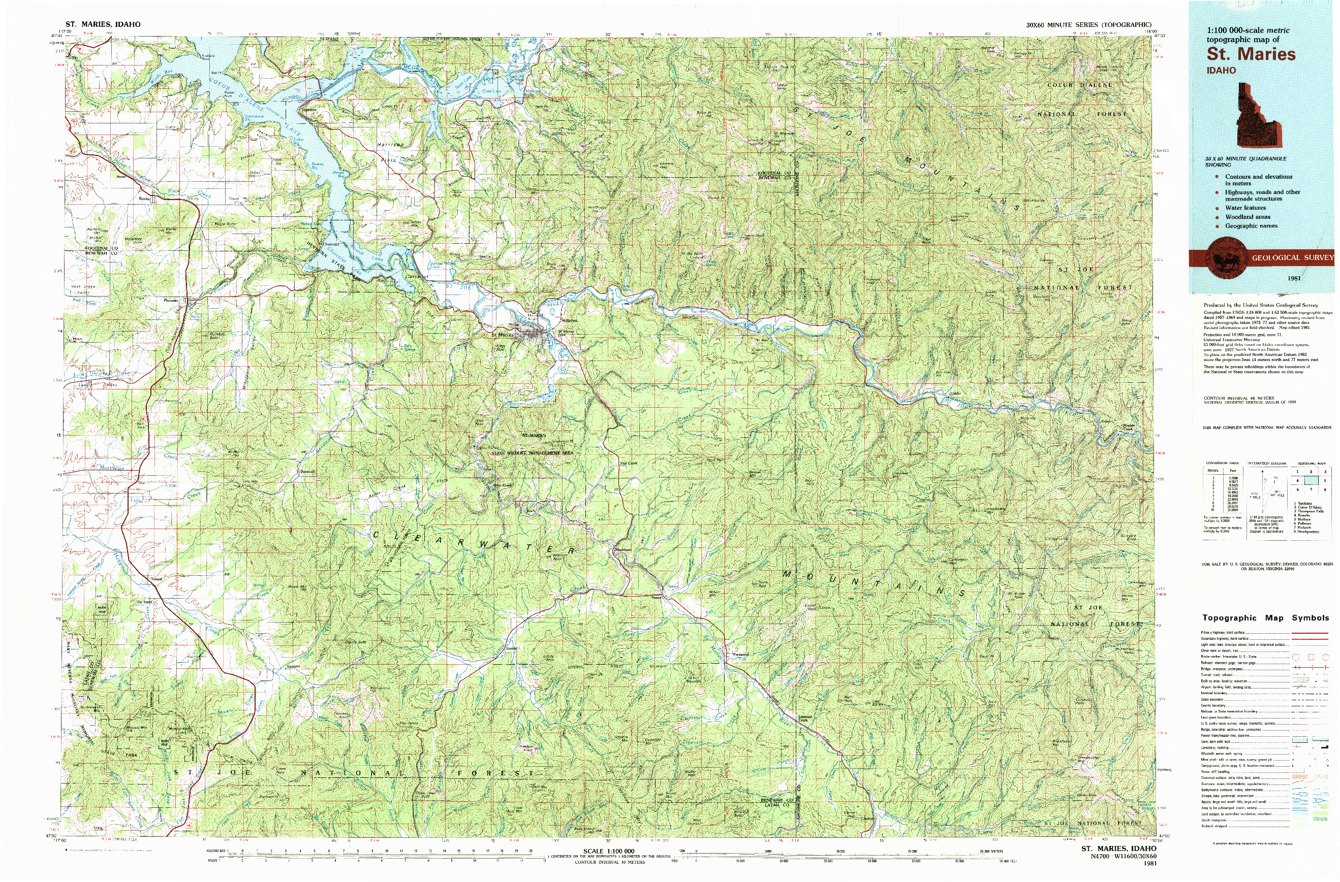 USGS 1:100000-SCALE QUADRANGLE FOR ST MARIES, ID 1981